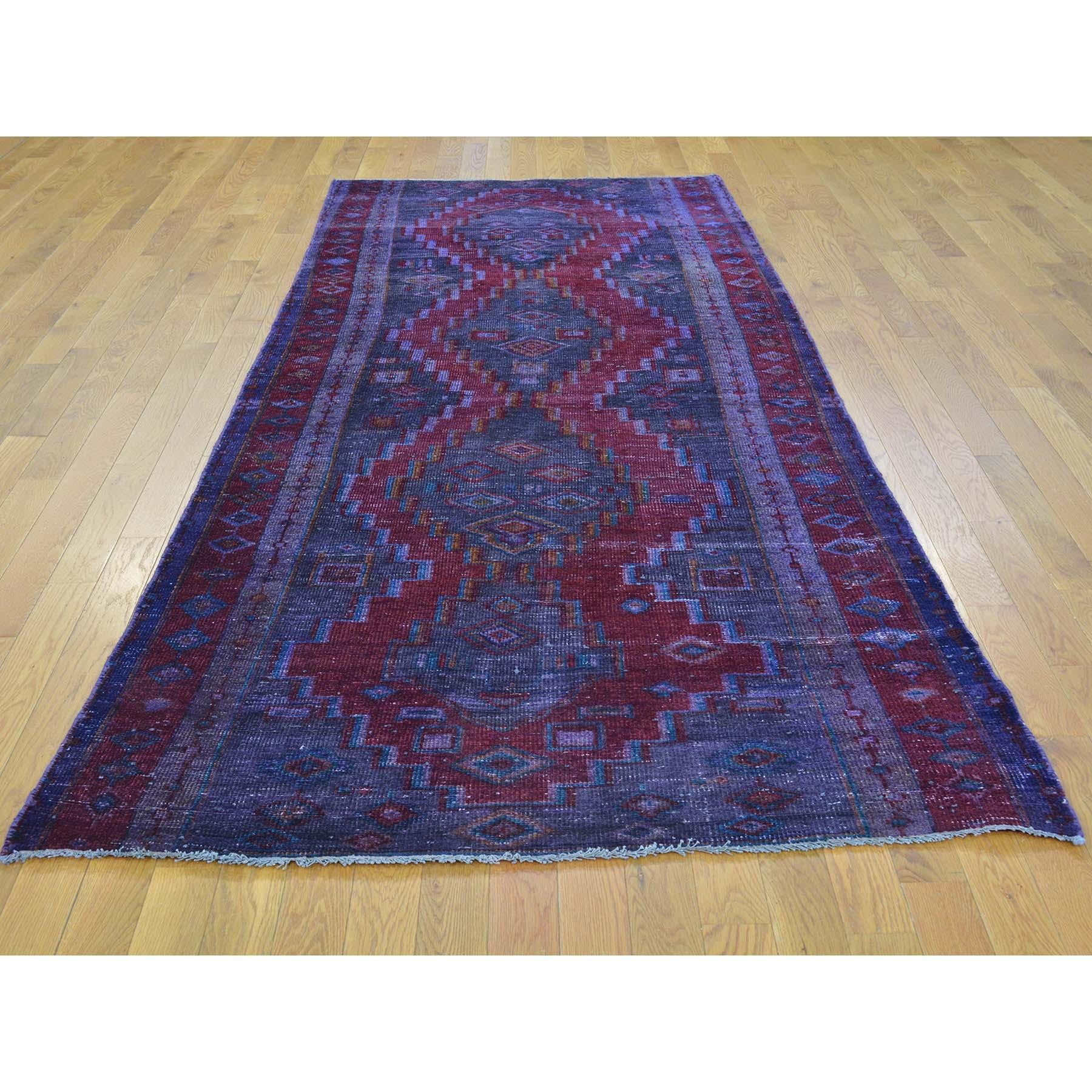 This is a truly genuine one-of-a-kind semi antique Persian Hamadan overdyed vintage wide runner rug. It has been knotted for months and months in the centuries-old Persian weaving craftsmanship techniques by expert artisans.

Primary materials: Worn