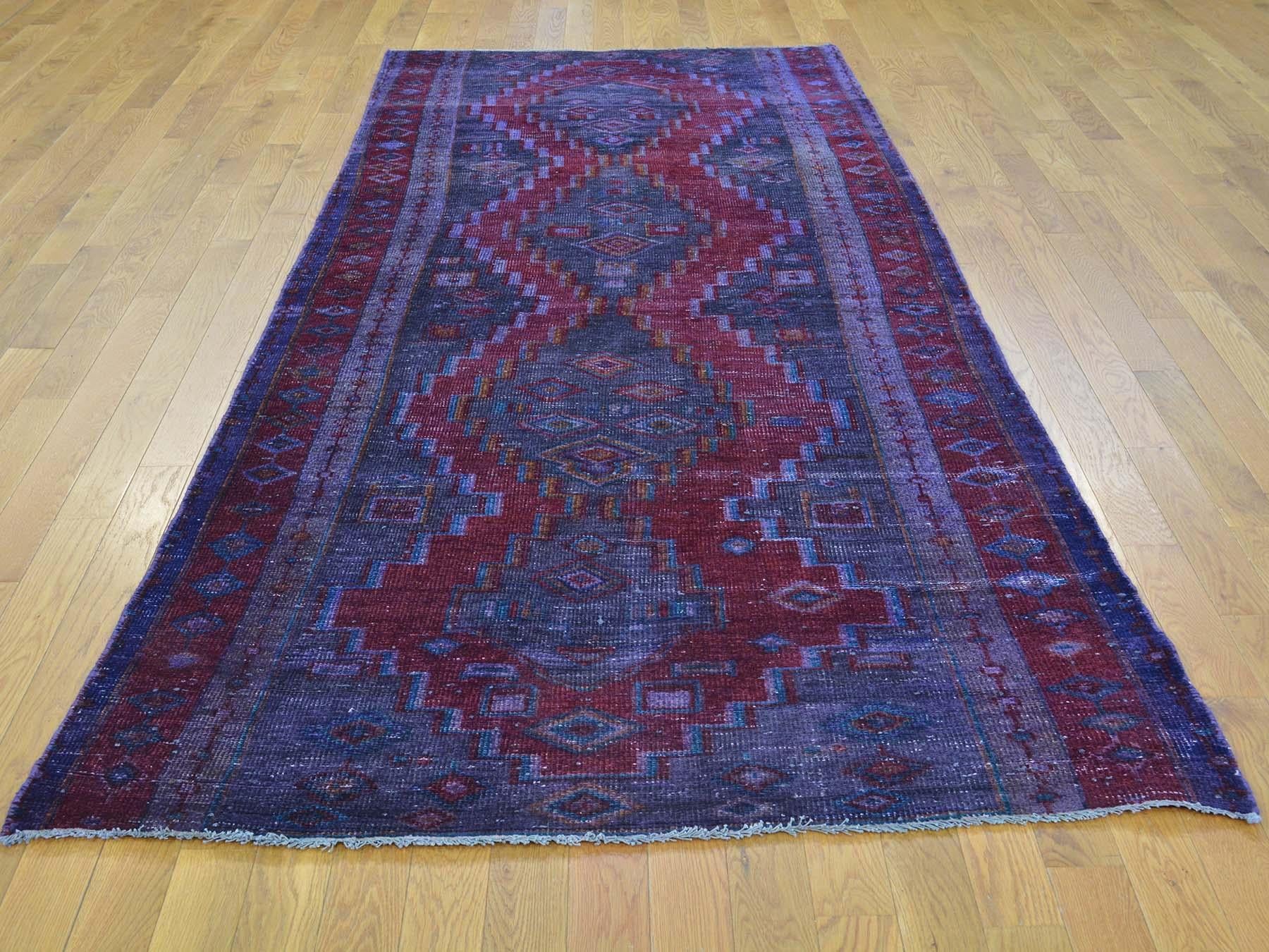 This is a truly genuine one-of-a-kind semi antique Persian Hamadan overdyed vintage wide runner rug. It has been knotted for months and months in the centuries-old Persian weaving craftsmanship techniques by expert artisans.

Primary materials: