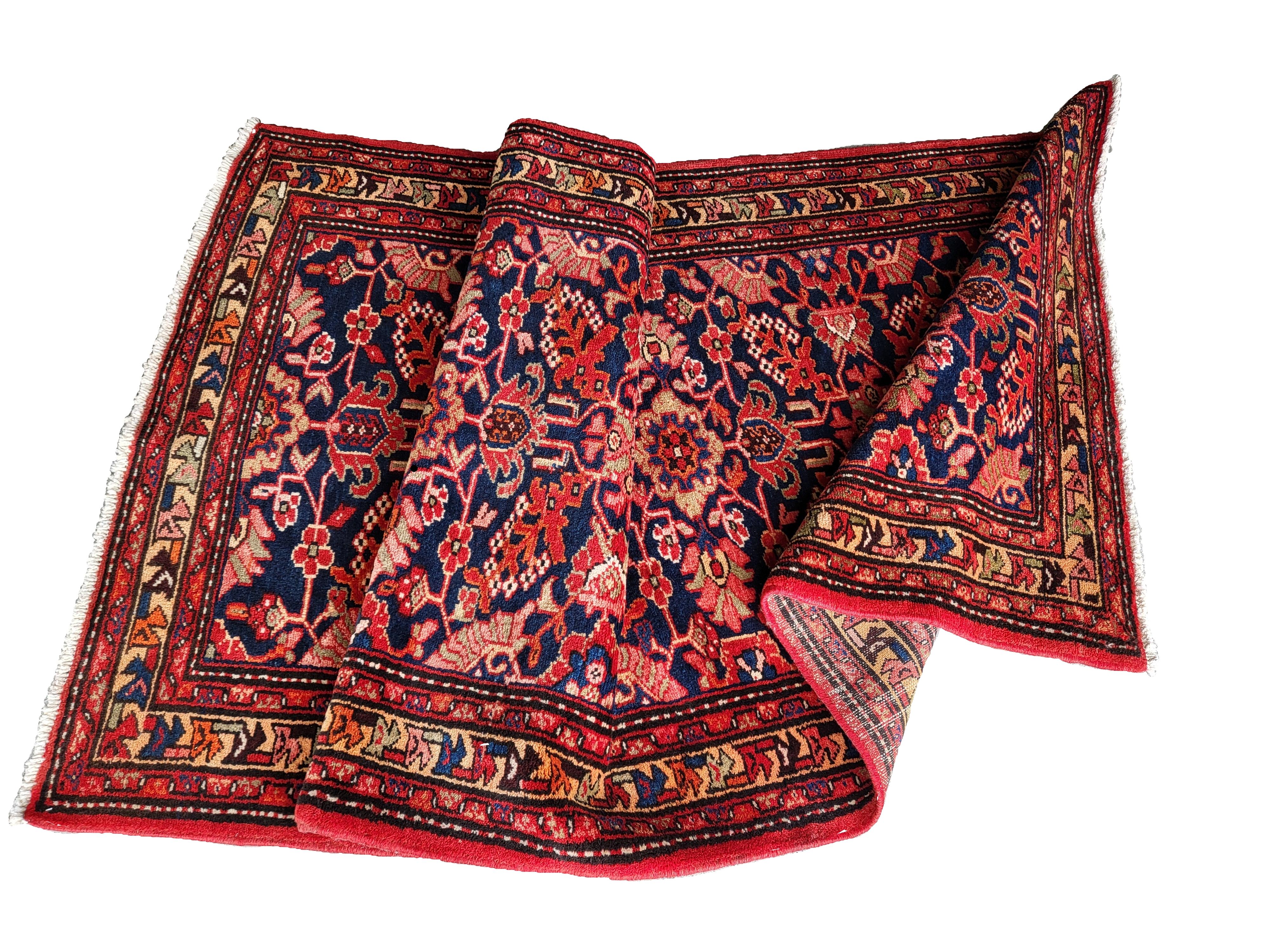 Hand-Knotted Semi Antique Persian Hamadan, Tribal Style Runner, All-Over Design, Navy & Red  For Sale
