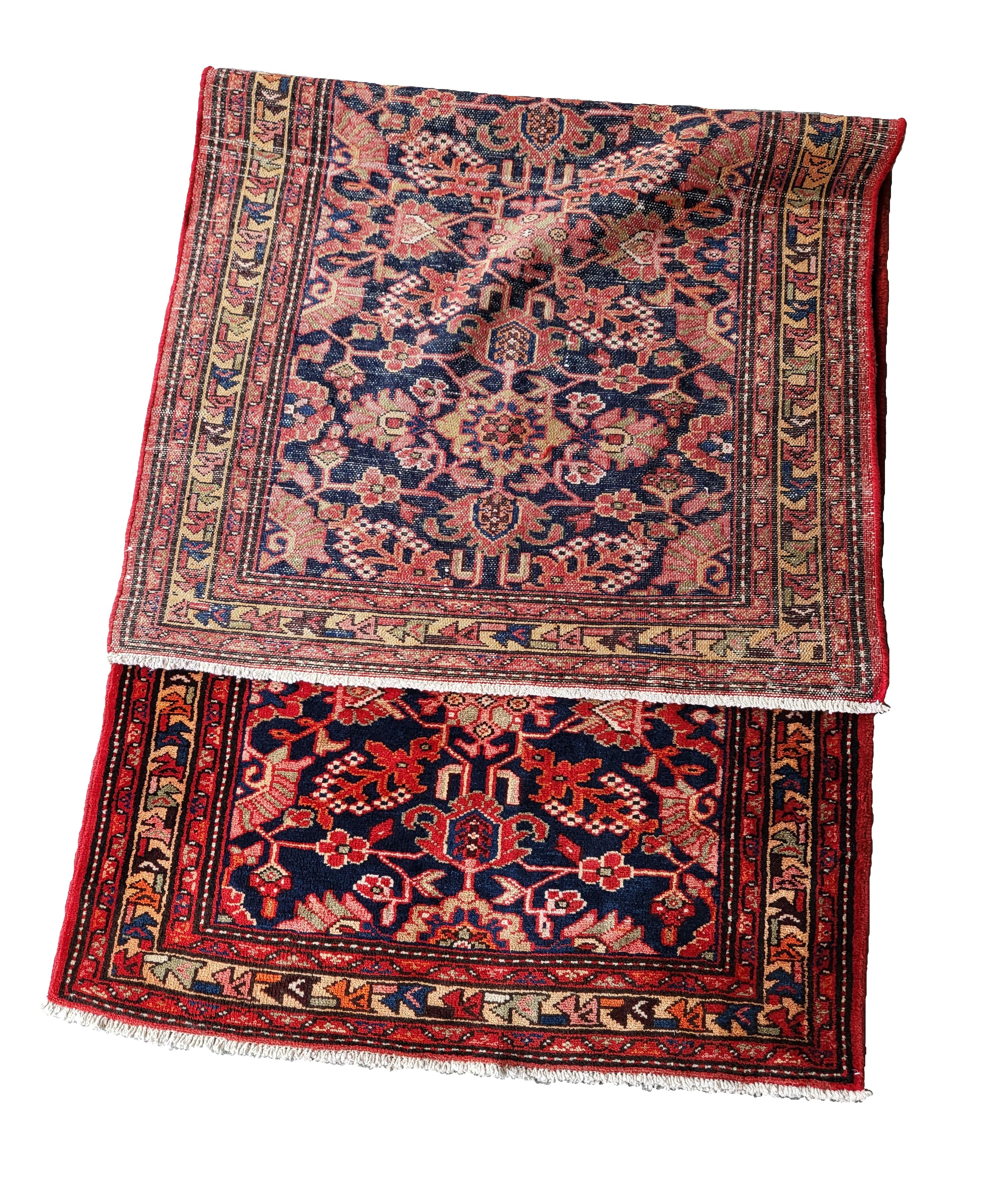 Semi Antique Persian Hamadan, Tribal Style Runner, All-Over Design, Navy & Red  In Good Condition For Sale In Blacksburg, VA