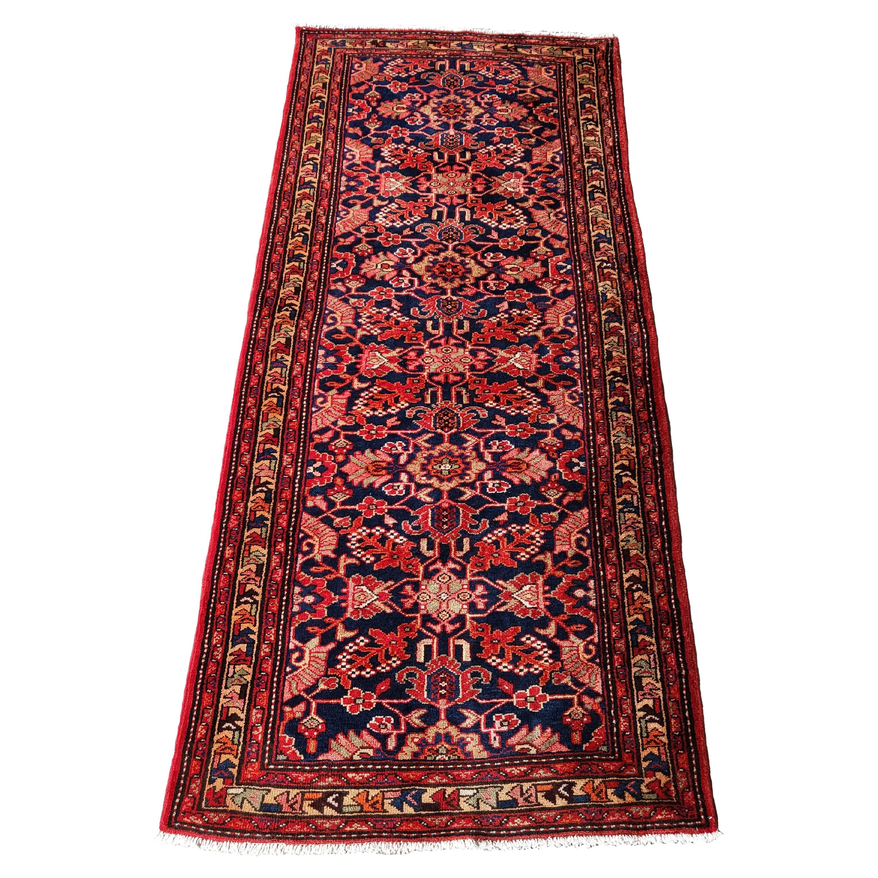 Semi Antique Persian Hamadan, Tribal Style Runner, All-Over Design, Navy & Red  For Sale