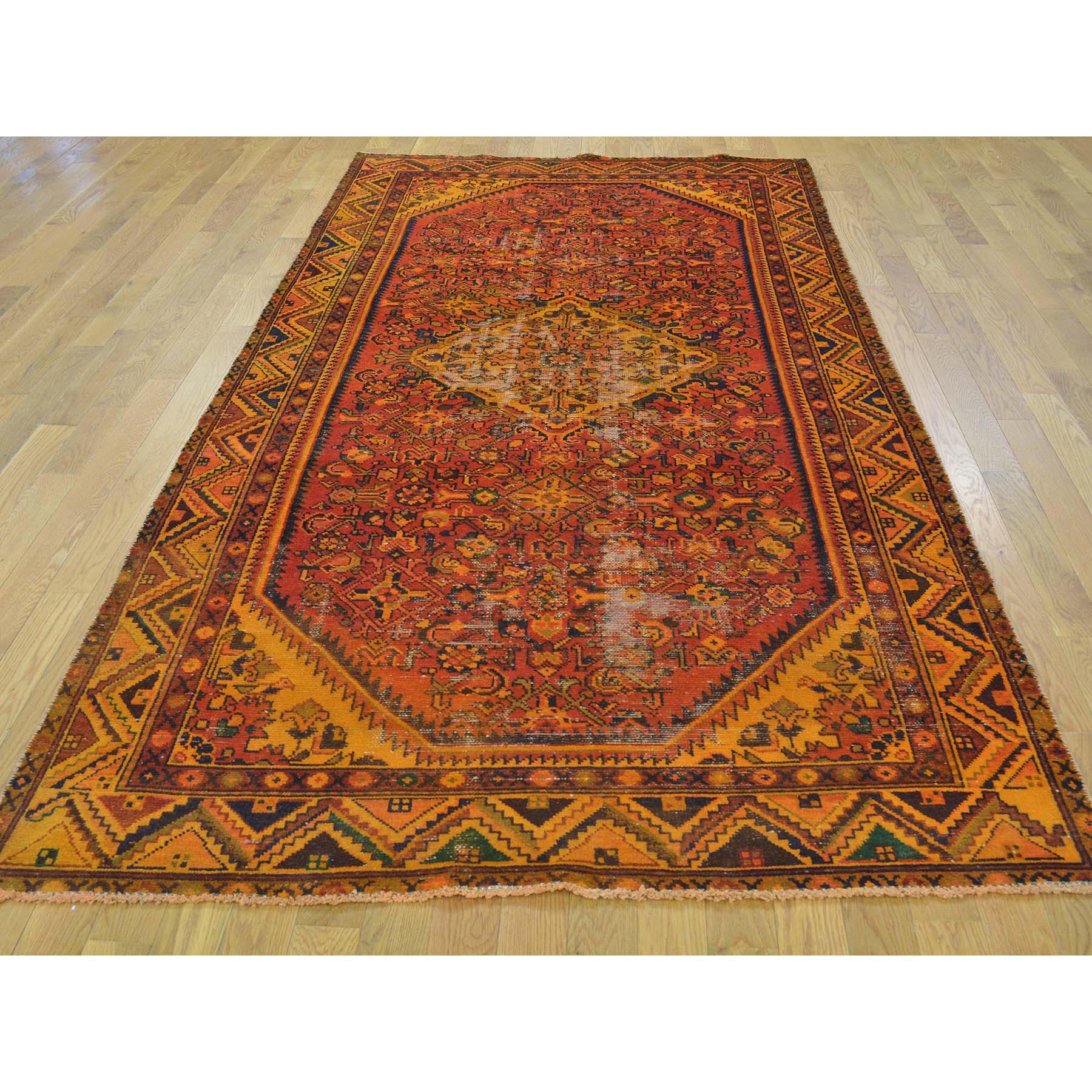This is a truly genuine one-of-a-kind Semi Antique Persian Hamadan Wide Runner Overdyed Vintage Rug. It has been knotted for months and months in the centuries-old Persian weaving craftsmanship techniques by expert artisans.

 Primary materials: