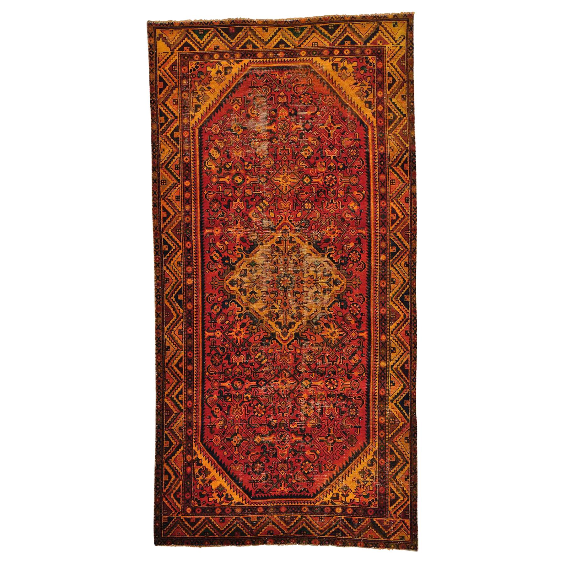 Semi Antique Persian Hamadan Wide Runner Overdyed Vintage Rug