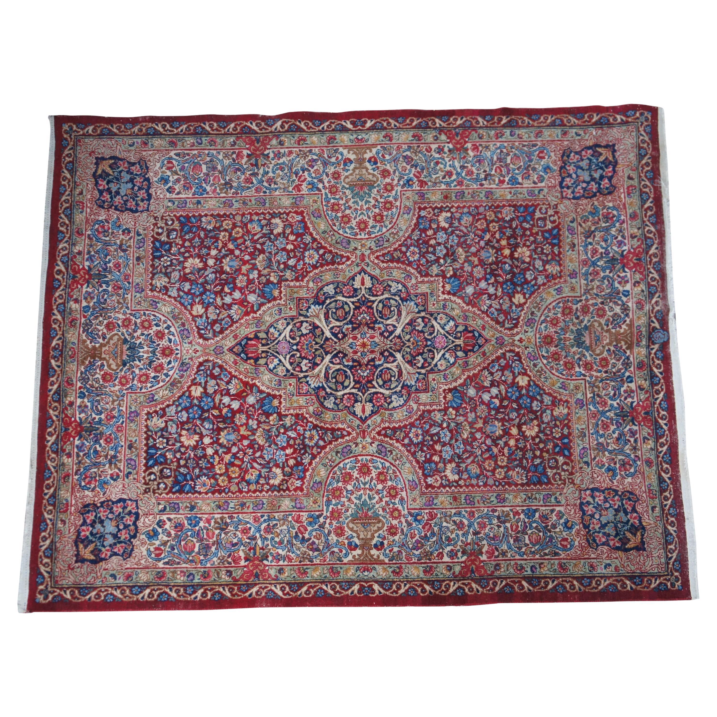 Semi Antique Persian Hand Knotted Wool Geometric Kerman Medallion Area Rug For Sale