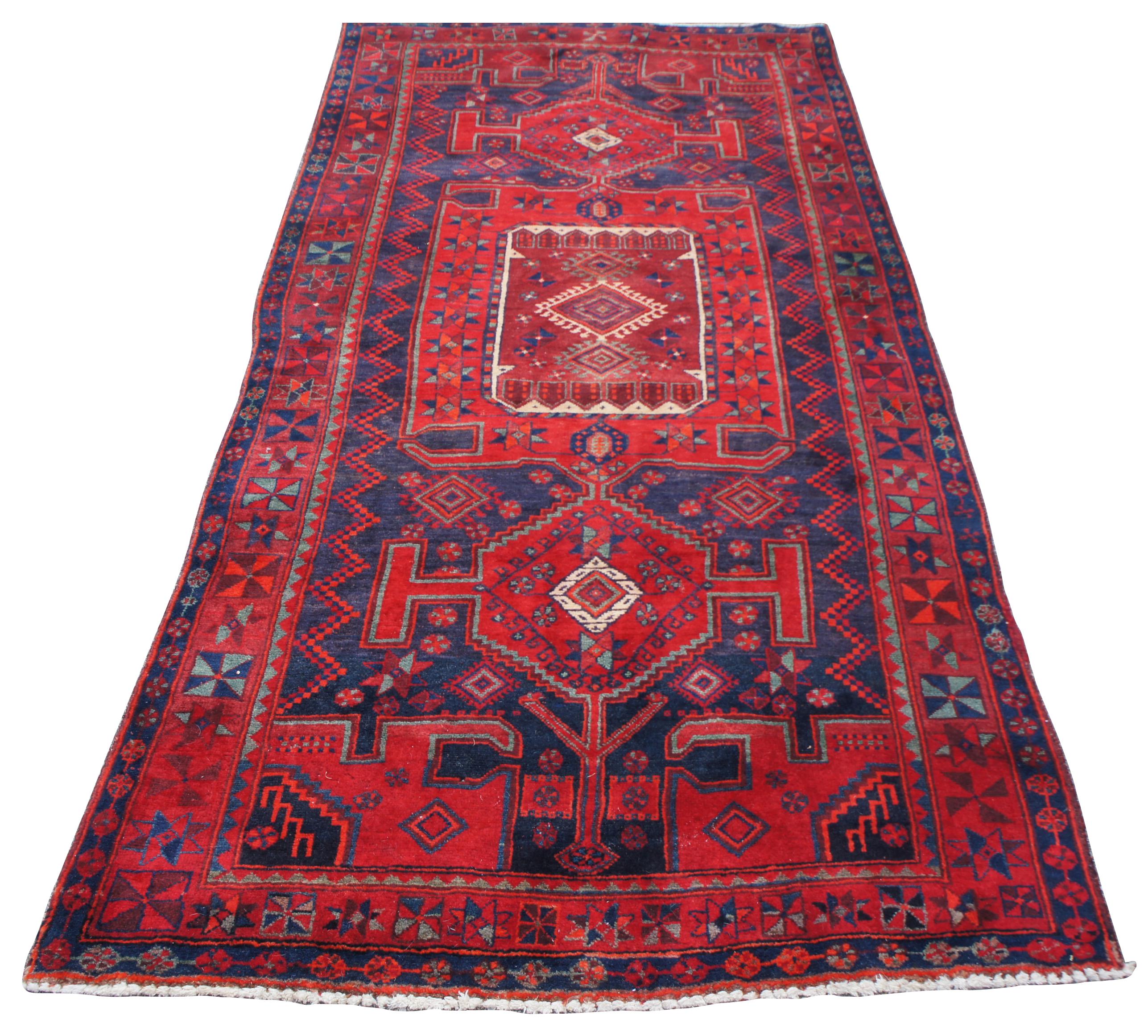 Semi Antique Persian Hand Knotted Wool Touserkan Rug Runner Blue and Red In Good Condition In Dayton, OH