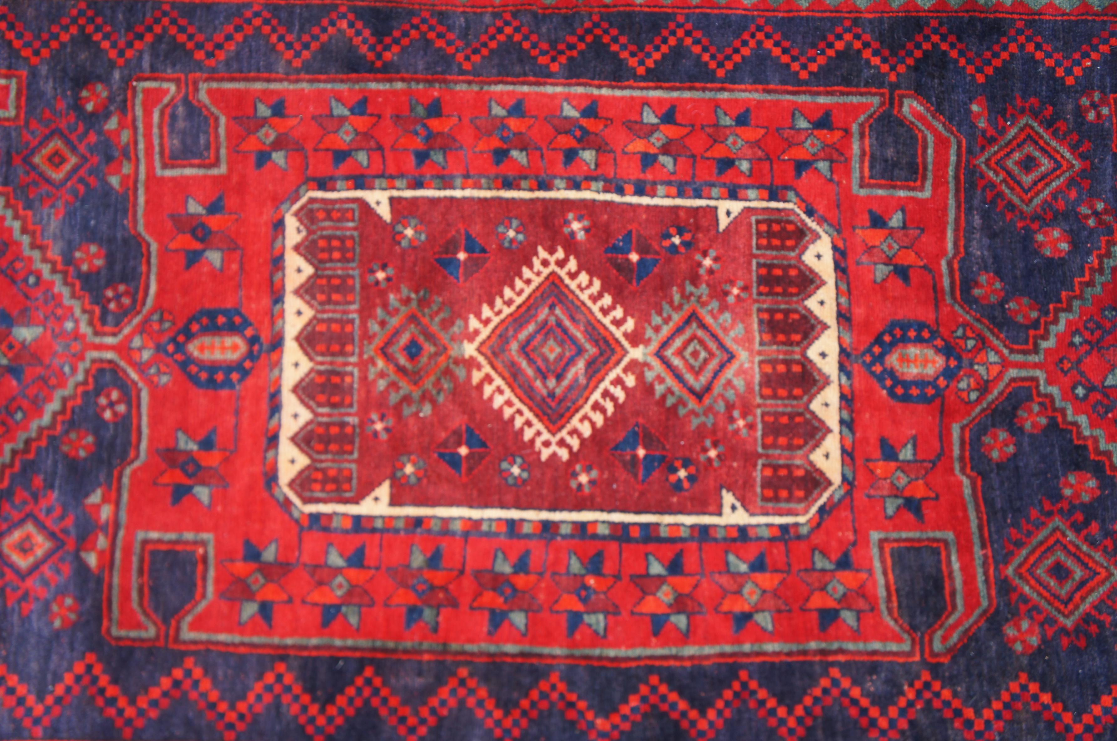 20th Century Semi Antique Persian Hand Knotted Wool Touserkan Rug Runner Blue and Red