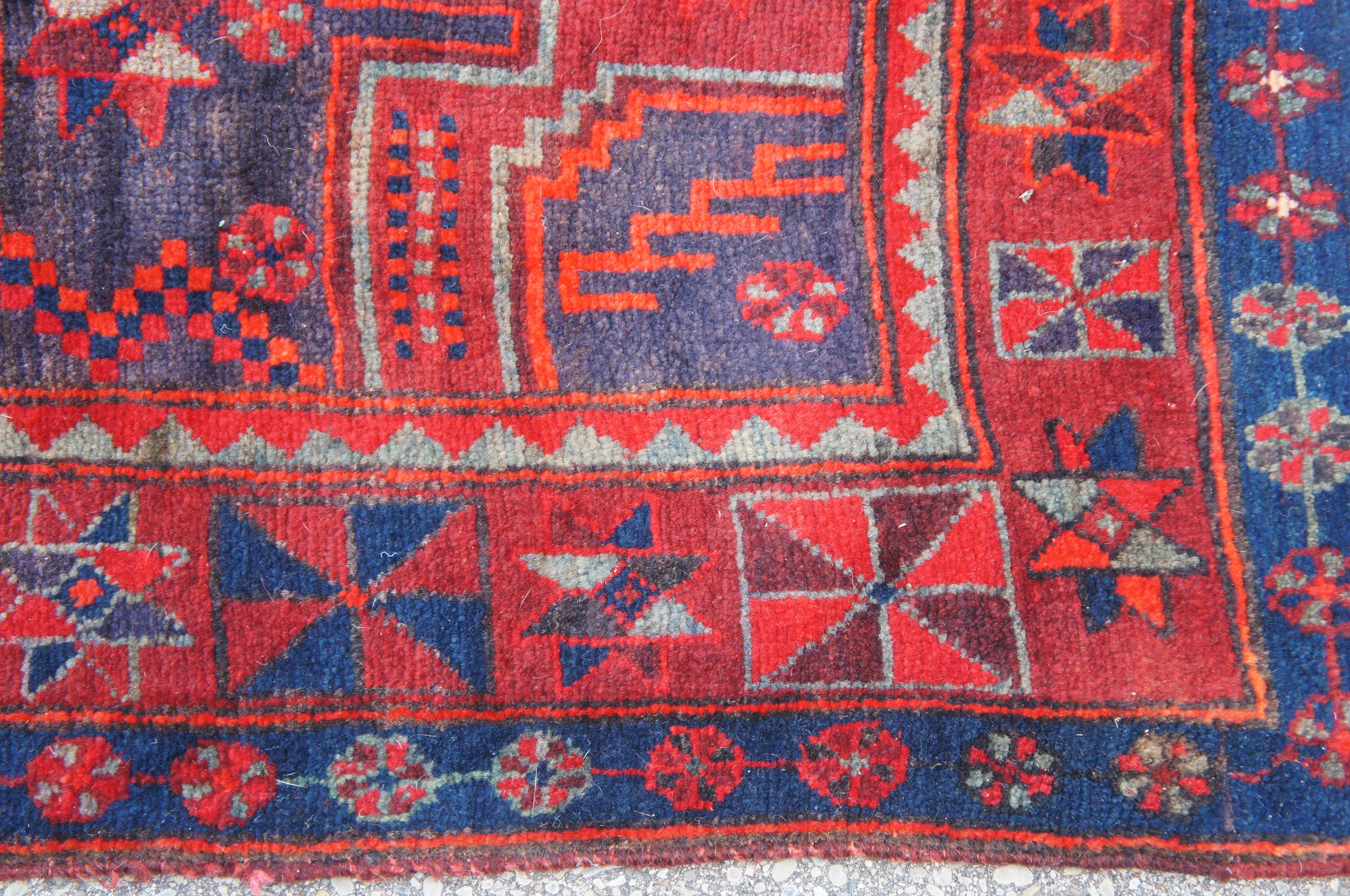 Semi Antique Persian Hand Knotted Wool Touserkan Rug Runner Blue and Red 2