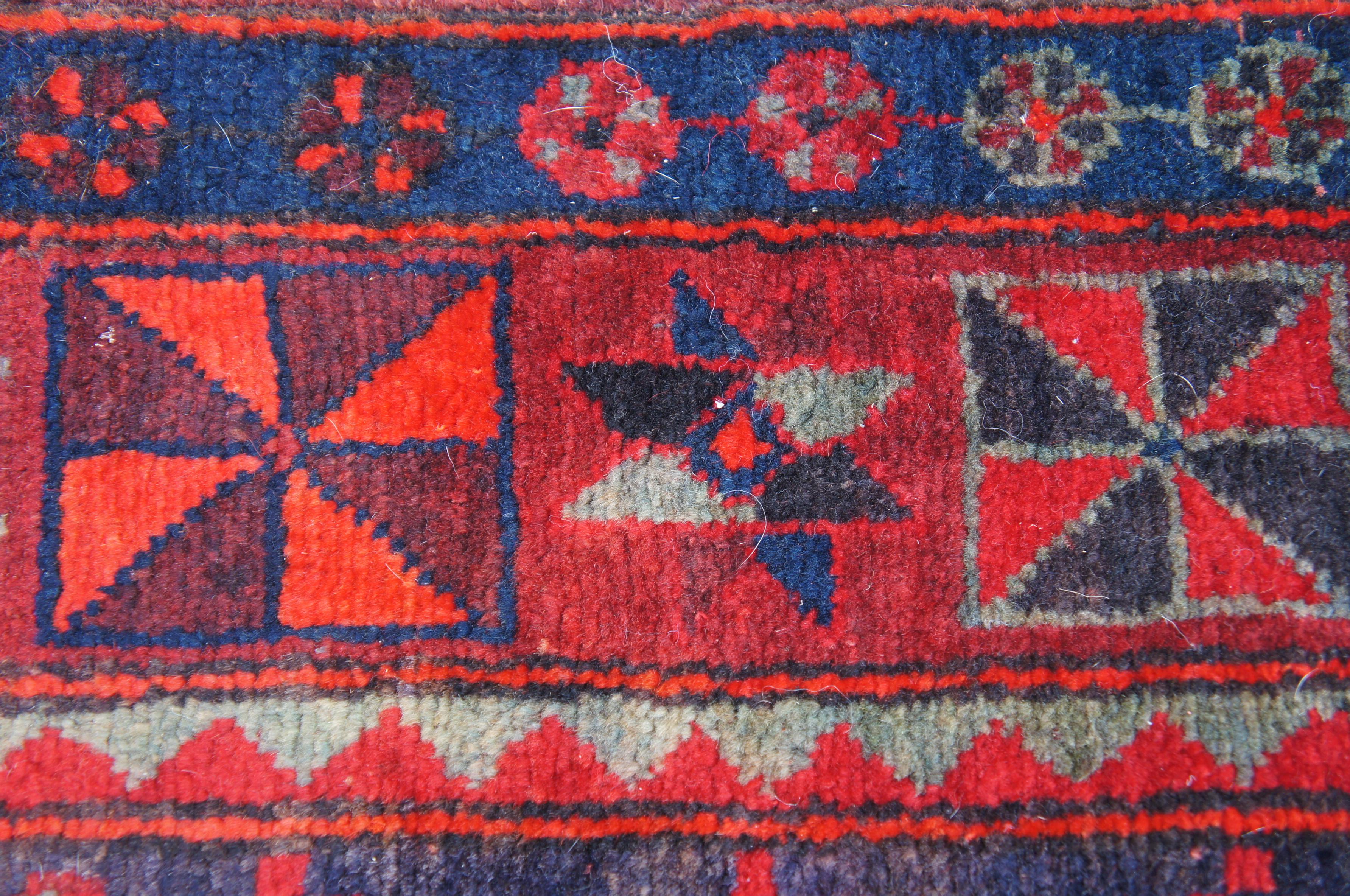 Semi Antique Persian Hand Knotted Wool Touserkan Rug Runner Blue and Red 3
