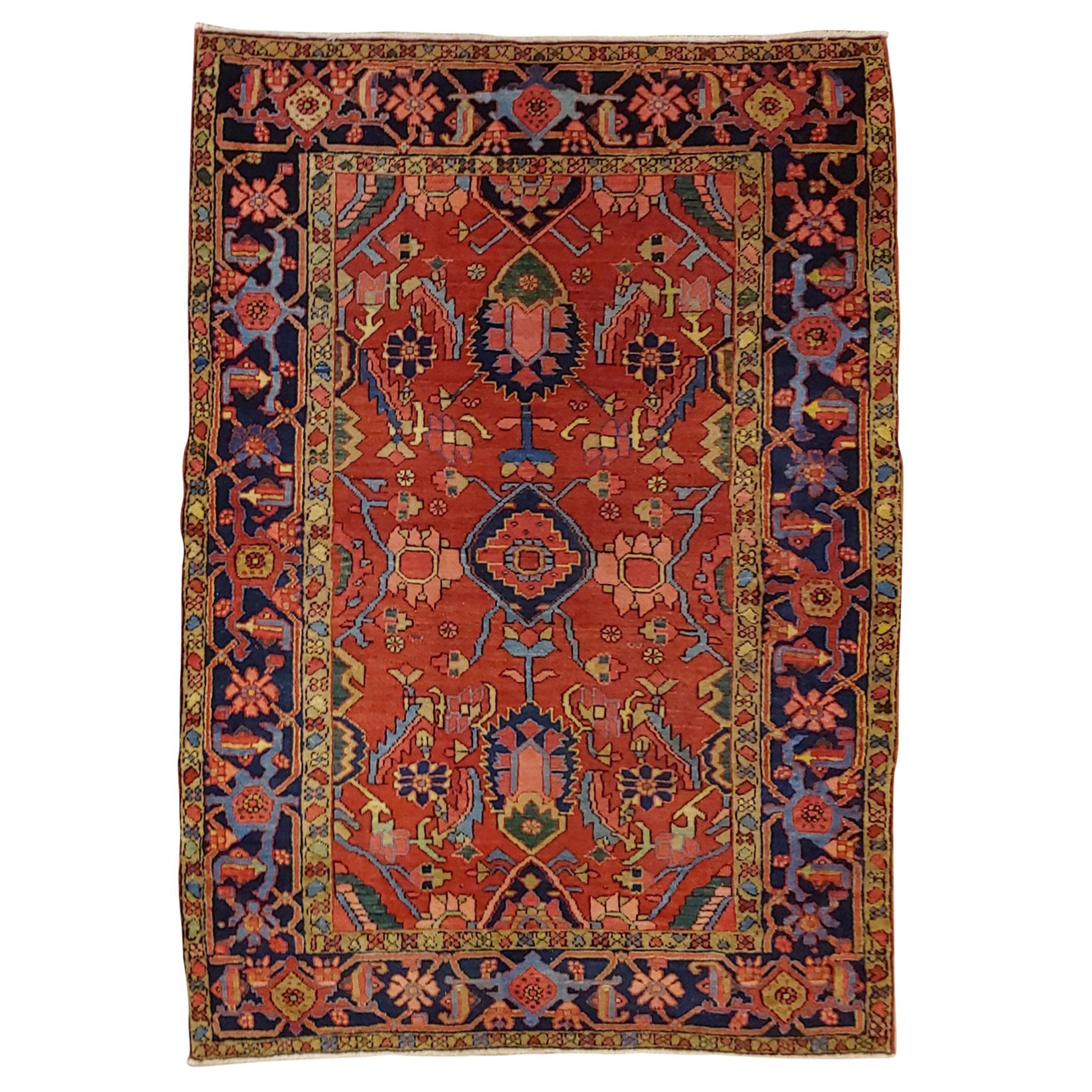 Semi-Antique Persian Heriz, Geometric Design, Wool, Scatter Size, 1920