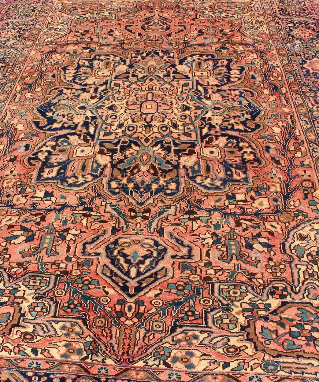 Semi Antique Persian Heriz Rug with Geometric Medallion in Salmon and Royal Blue 4