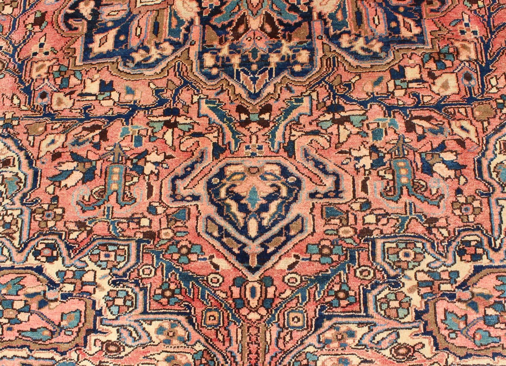 Semi Antique Persian Heriz Rug with Geometric Medallion in Salmon and Royal Blue 5