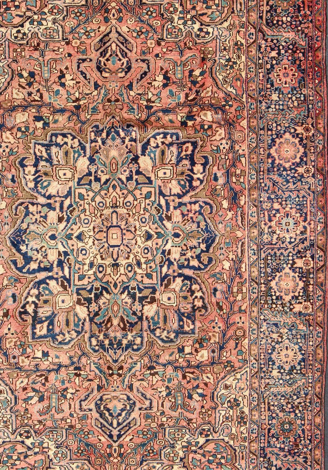 Hand-Knotted Semi Antique Persian Heriz Rug with Geometric Medallion in Salmon and Royal Blue