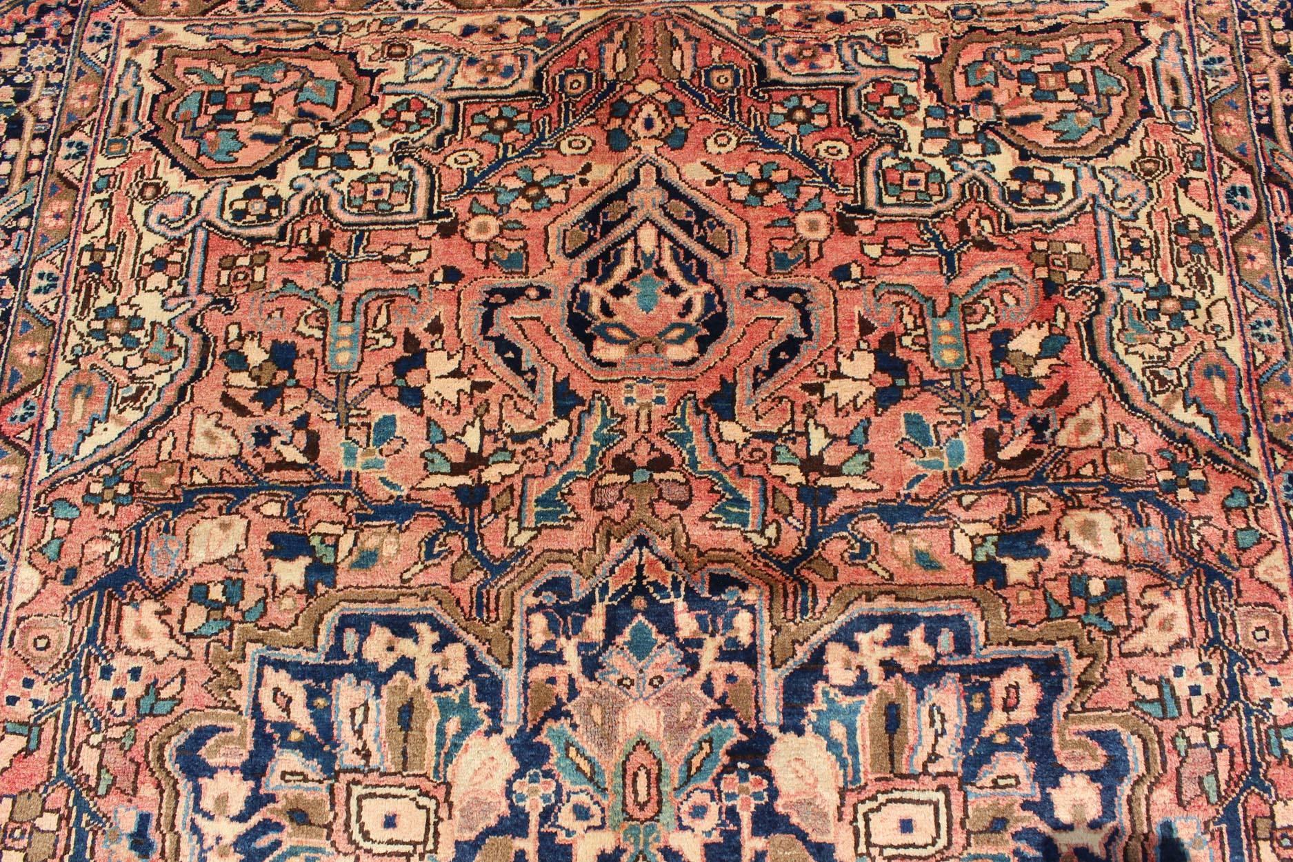 Semi Antique Persian Heriz Rug with Geometric Medallion in Salmon and Royal Blue 1