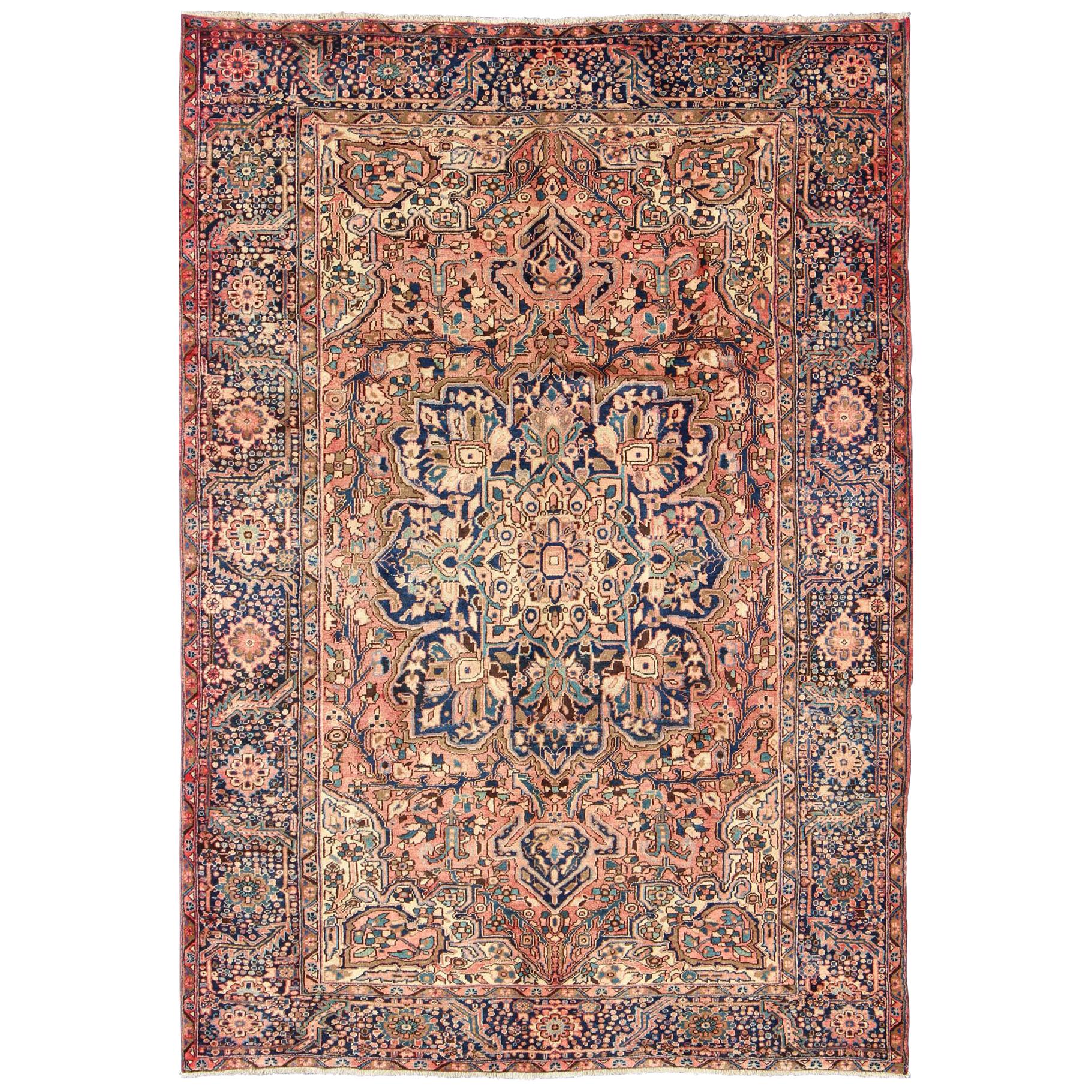 Semi Antique Persian Heriz Rug with Geometric Medallion in Salmon and Royal Blue