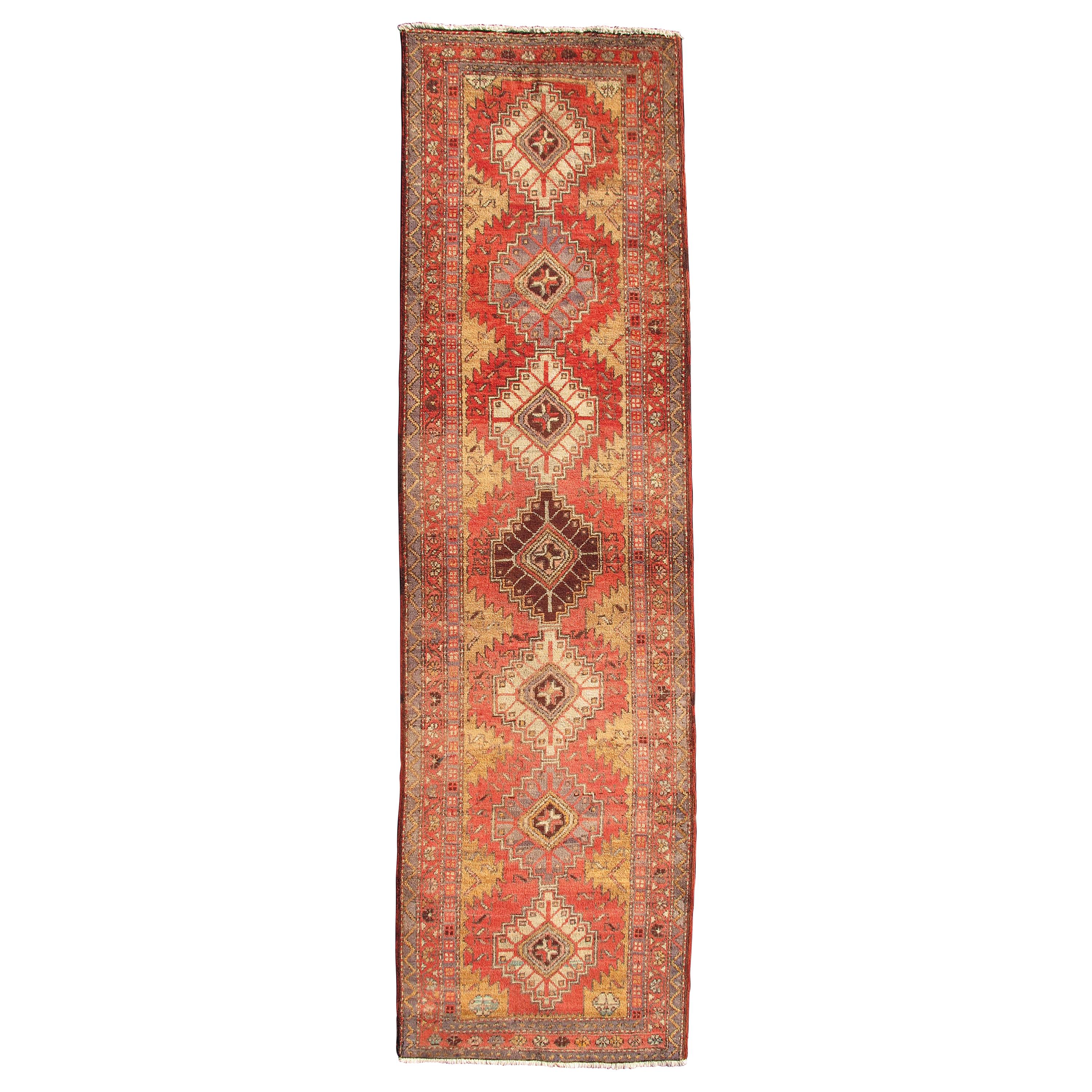 Semi Antique Persian Heriz Runner Rug in Soft Rusty Red, Gray and Golds