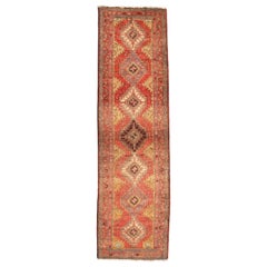 Semi Vintage Persian Heriz Runner Rug in Soft Rusty Red, Gray and Golds