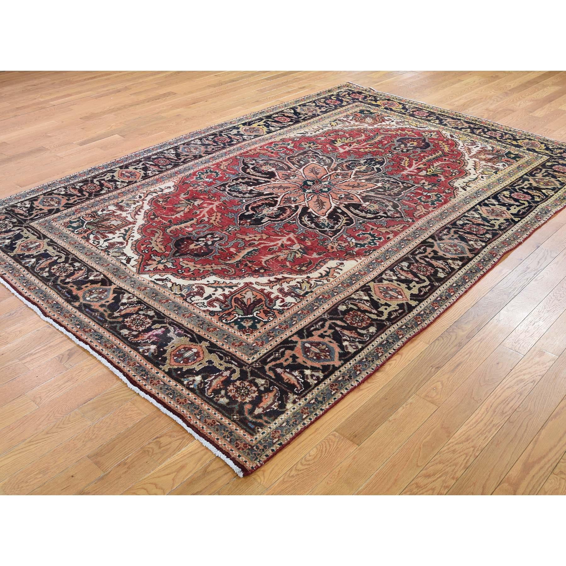 Turkish Semi Antique Persian Heriz Some Wear, Clean Hand-Knotted Oriental Rug, 6'4