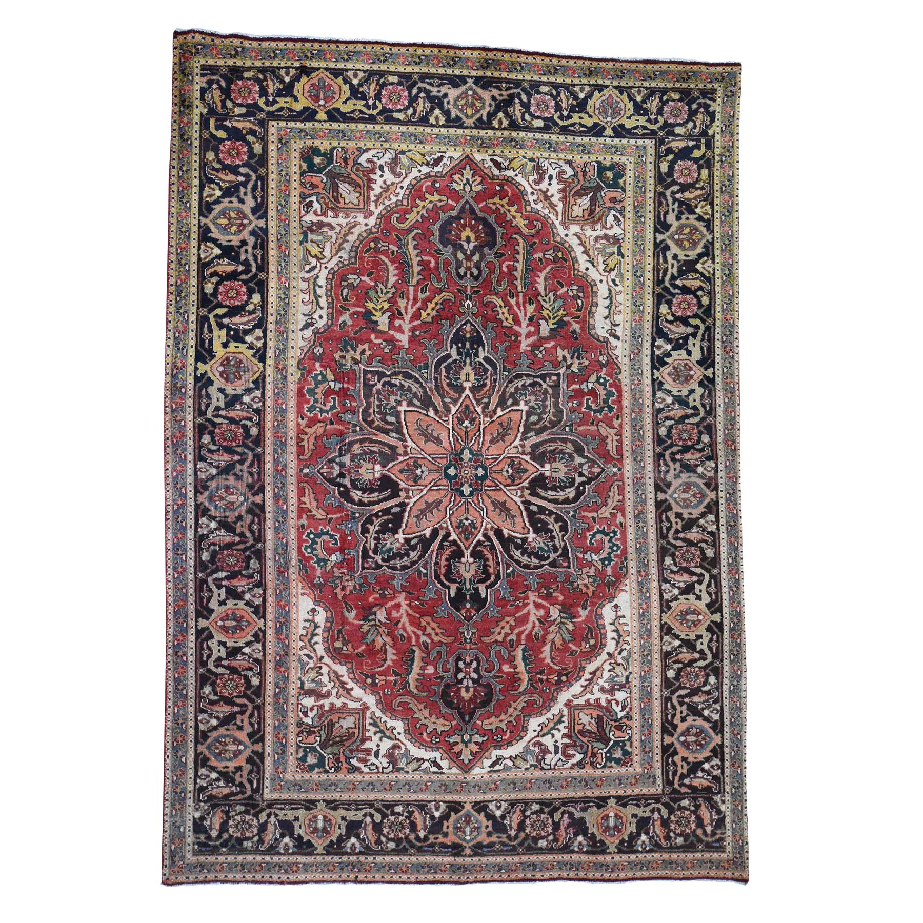 Semi Antique Persian Heriz Some Wear, Clean Hand-Knotted Oriental Rug, 6'4" x 9'