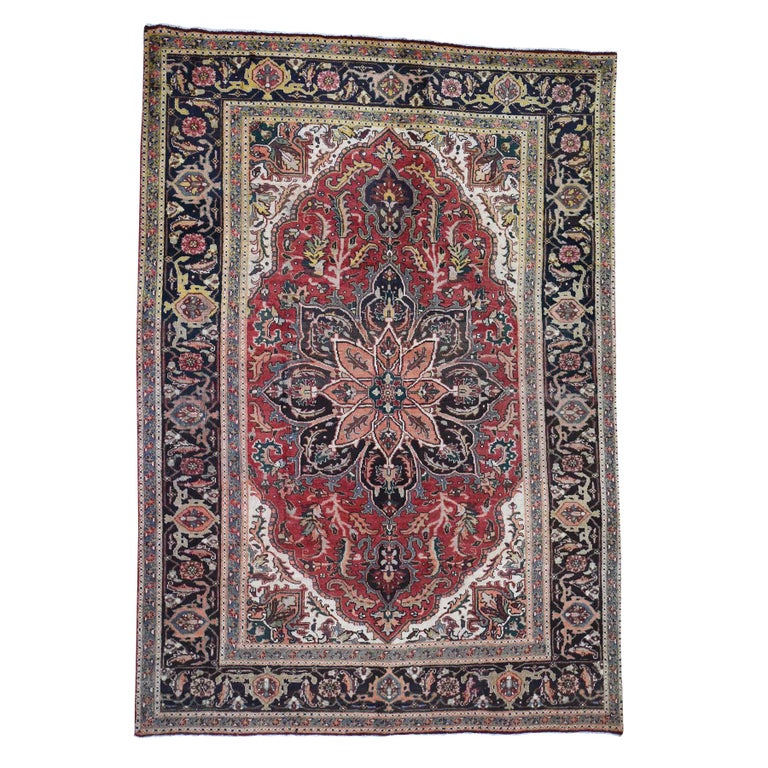 Semi Antique Persian Heriz Some Wear, Clean HandKnotted Oriental Rug, 6'4" x 9' at 1stDibs