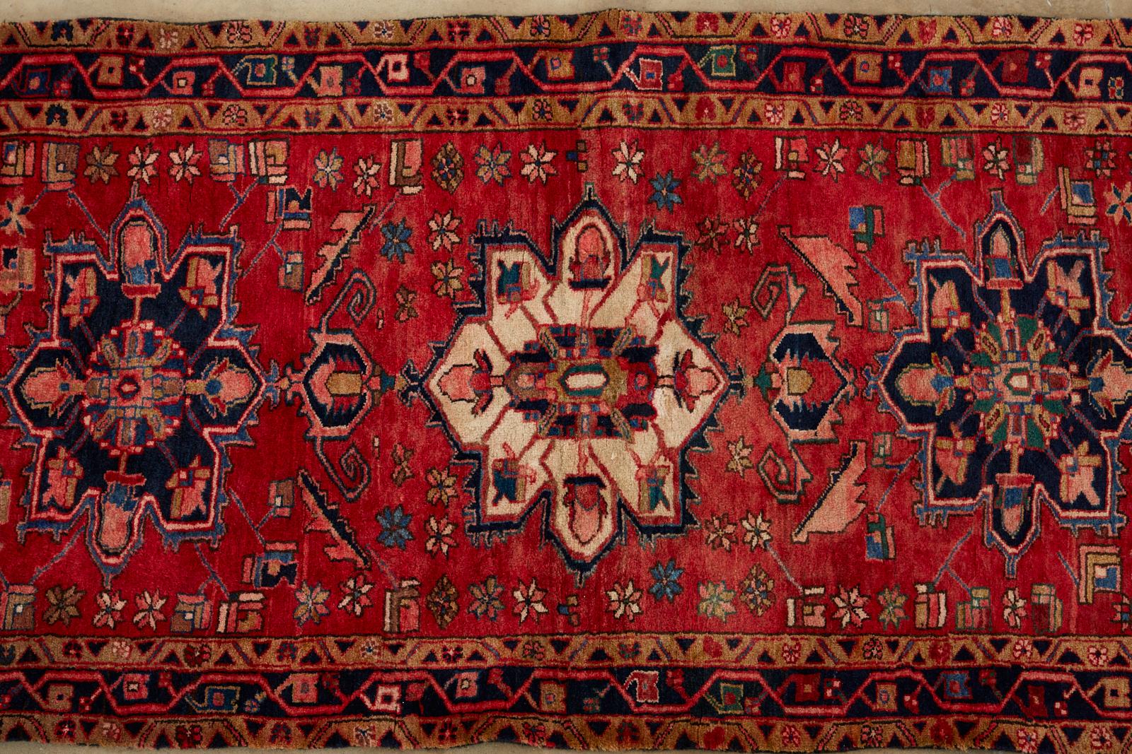 Hand-Knotted Semi Antique Persian Heriz Tribal Design Runner For Sale