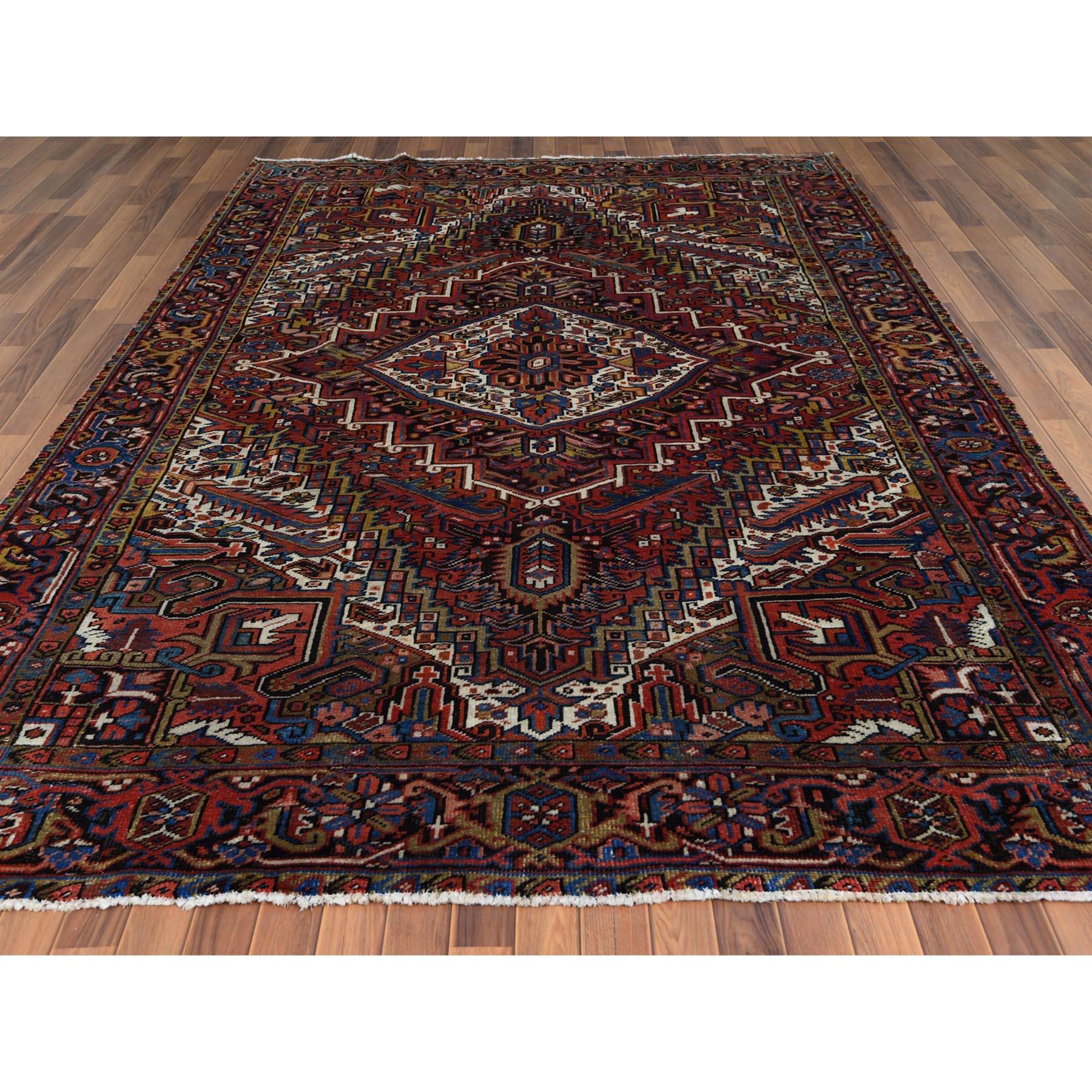 Medieval Semi Antique Persian Heriz with Medallion Distressed Wool Handmade Rug