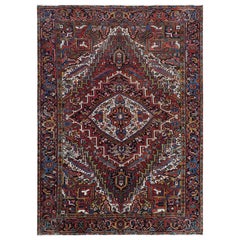 Semi Antique Persian Heriz with Medallion Distressed Wool Handmade Rug