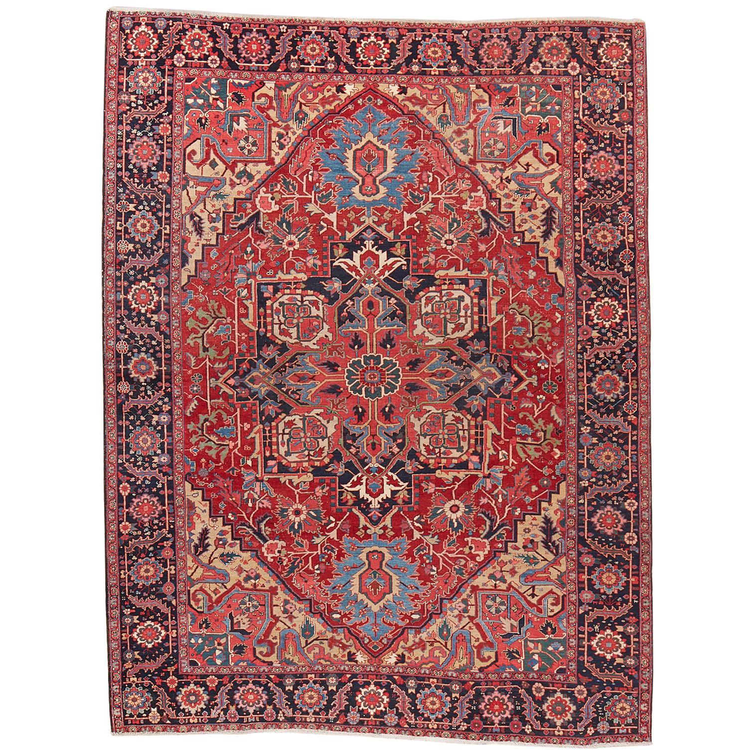 Semi Antique Persian Heriz Wool Rug For Sale