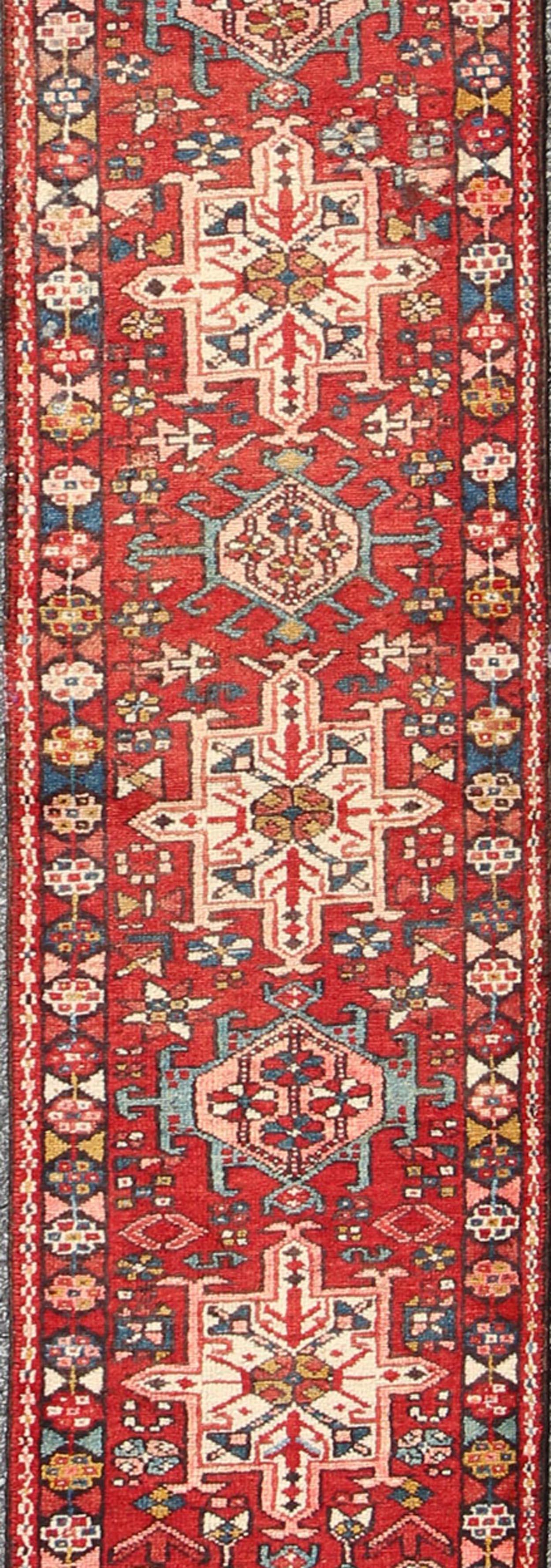 Wool Semi-Antique Persian Karadjeh Narrow Runner in Jewel Colors For Sale