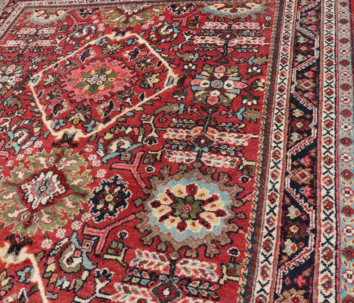 Hand-Knotted Semi Antique Persian Mahal Rug with Medallion Design in Jewel Tones For Sale