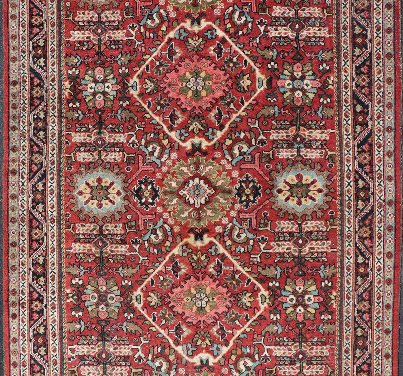 Wool Semi Antique Persian Mahal Rug with Medallion Design in Jewel Tones For Sale