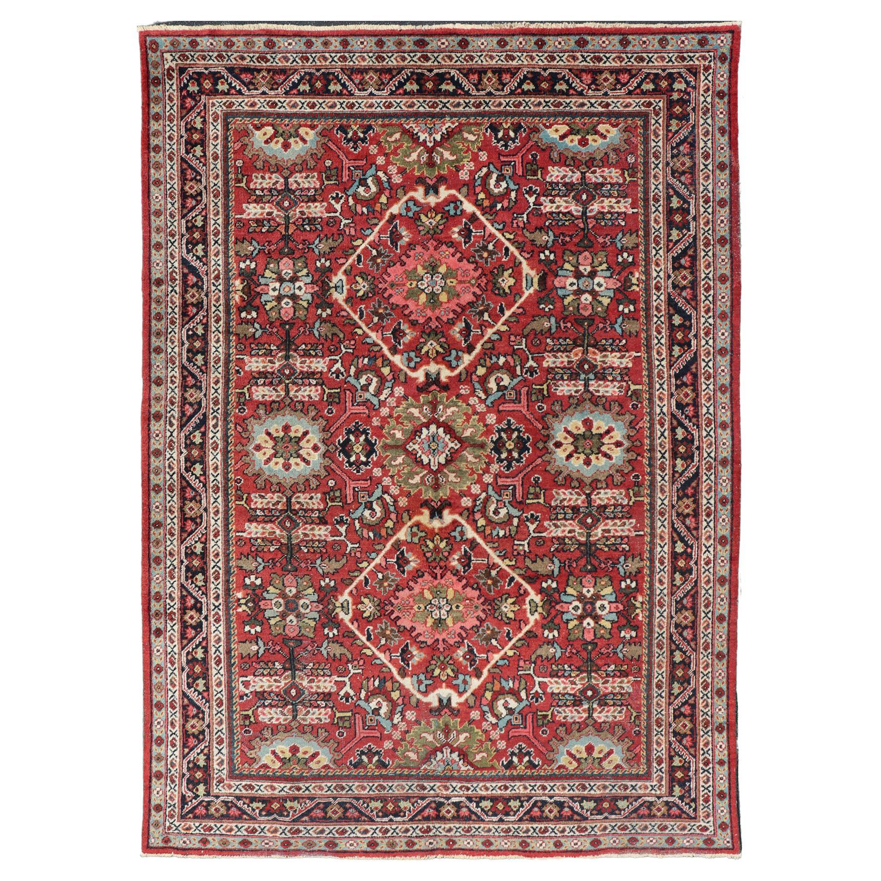 Semi Antique Persian Mahal Rug with Medallion Design in Jewel Tones