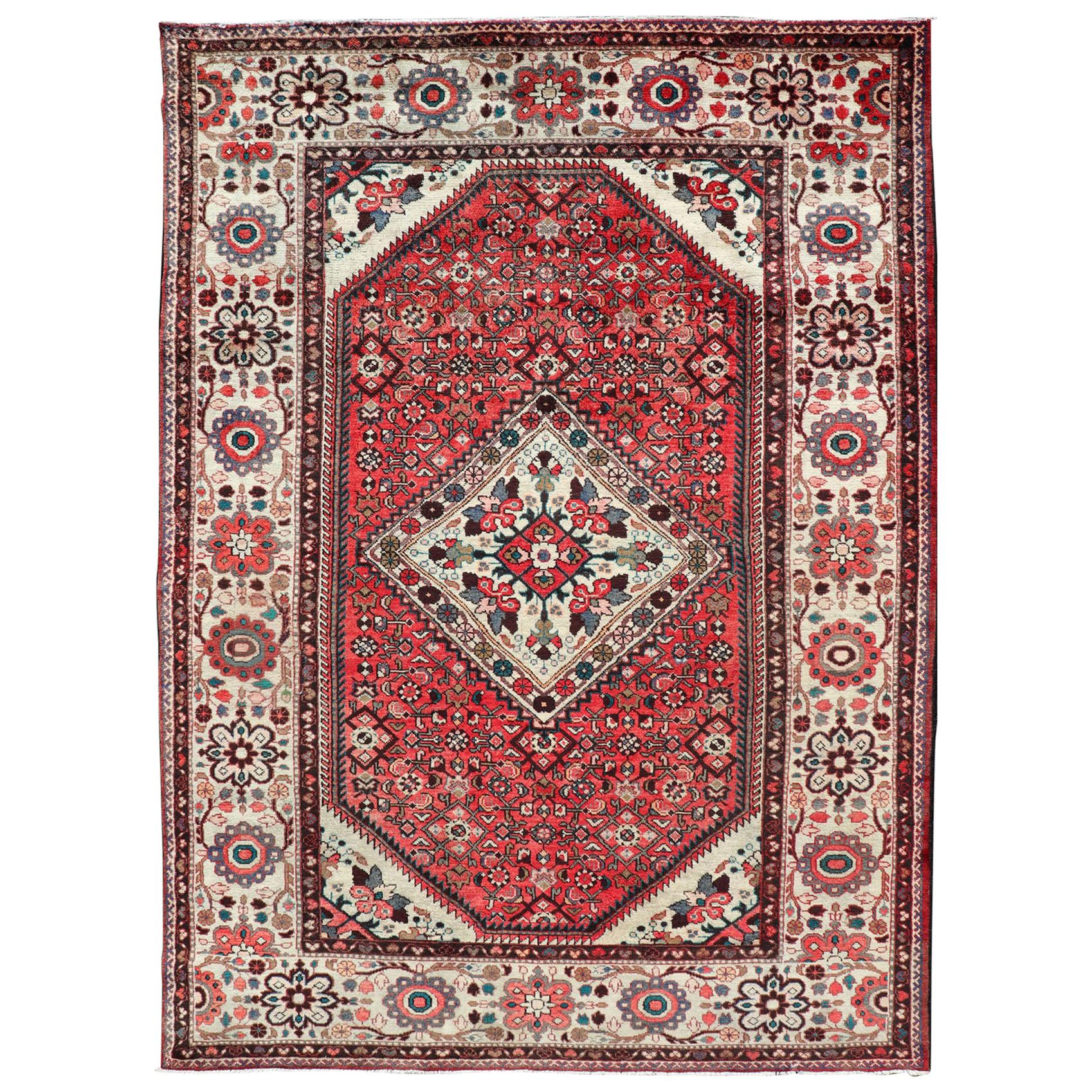 Keivan Woven Arts Semi Antique Persian Mahal Rug with Soft Red & wide Border For Sale