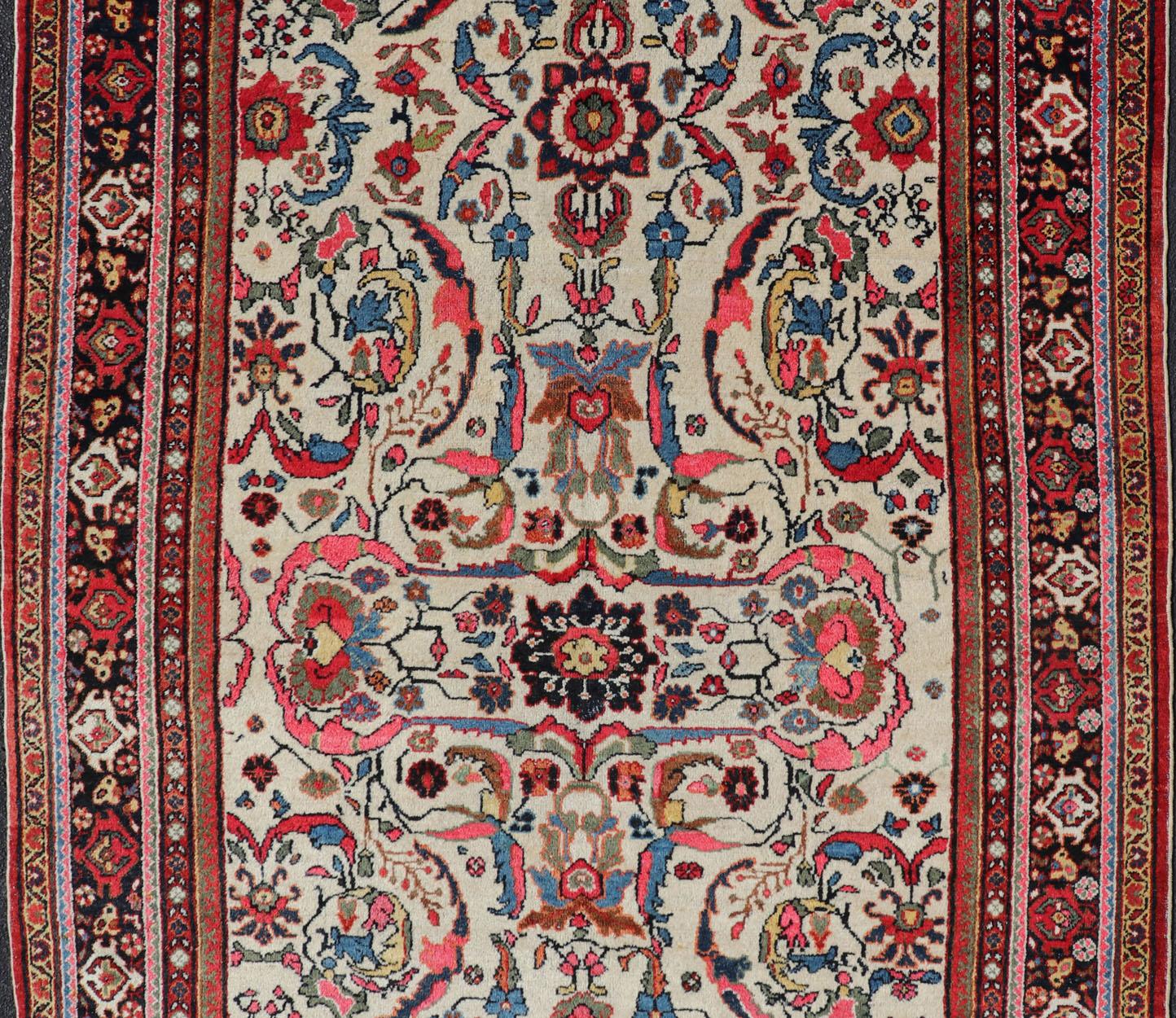 Wool Semi Antique Persian Mahal Rug with Medallion Design with Ivory Background For Sale