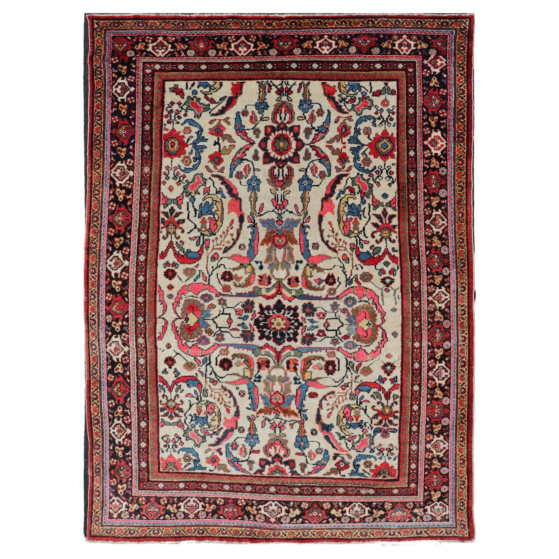 Semi Antique Persian Mahal Rug with Medallion Design with Ivory Background For Sale