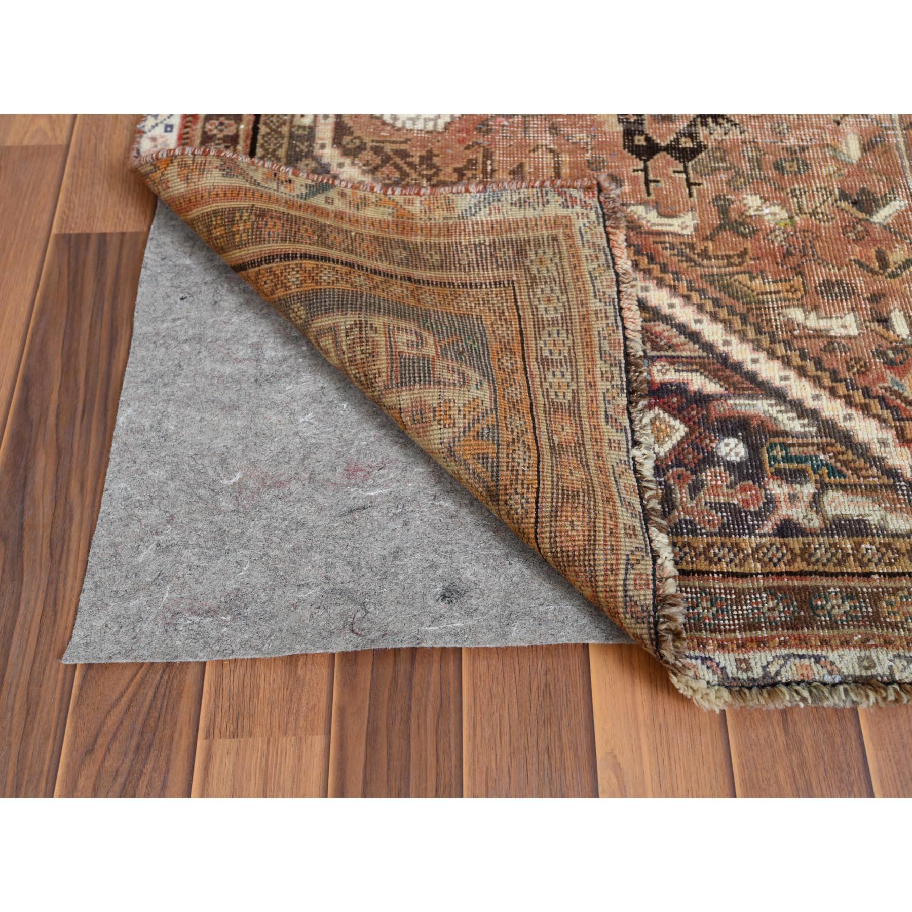 Medieval Semi Antique Persian Qashqai Sheared Low Bohemian Handmade Natural Wool Rug