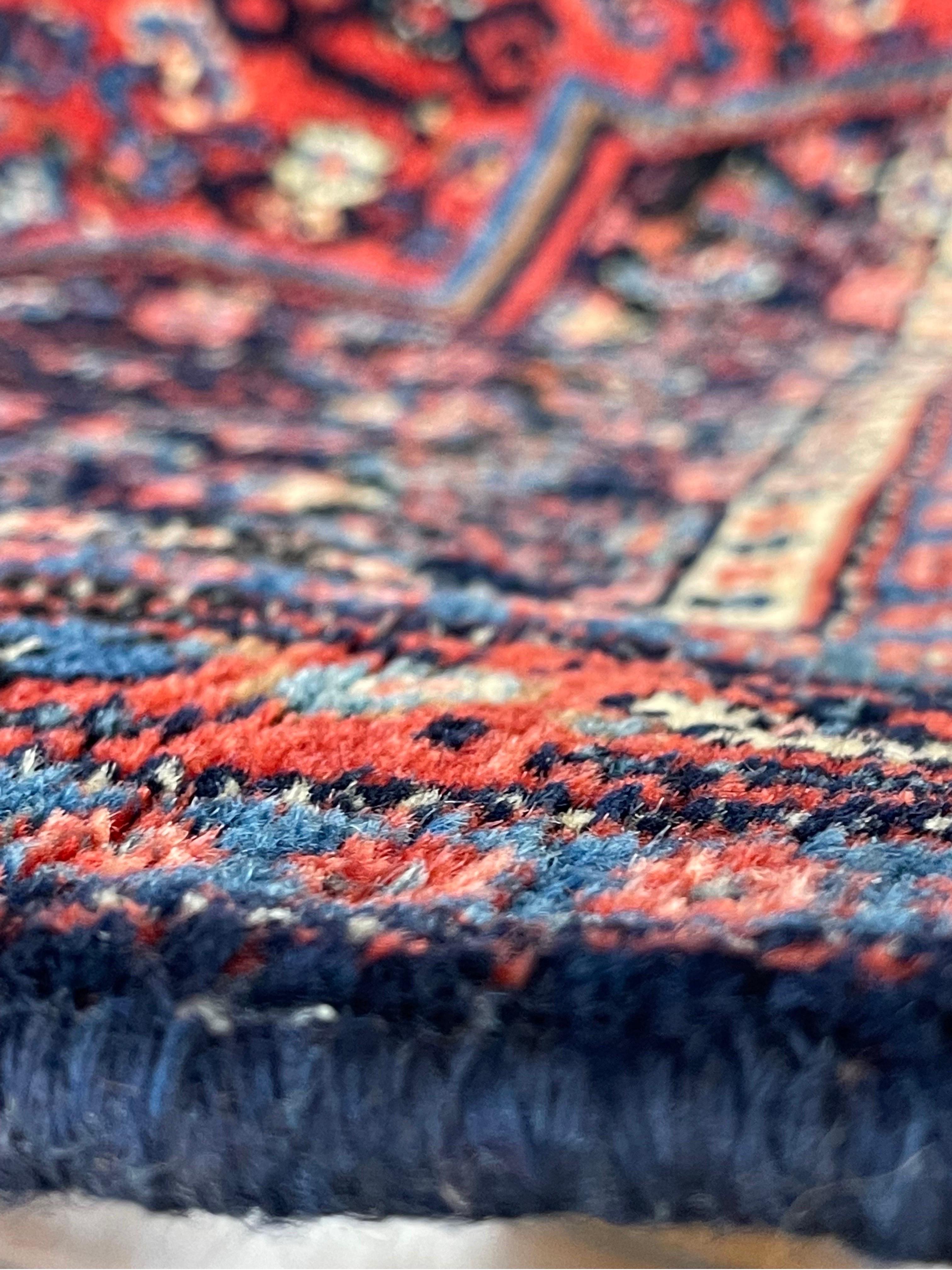 Handwoven in the town of Senneh, center of Kurdistan this rug is a fine example of Krudish weaving. The town Senneh was one of the most famous carpet-making center in the world in the 10th and early 20th century. The knots are Turkish and the
