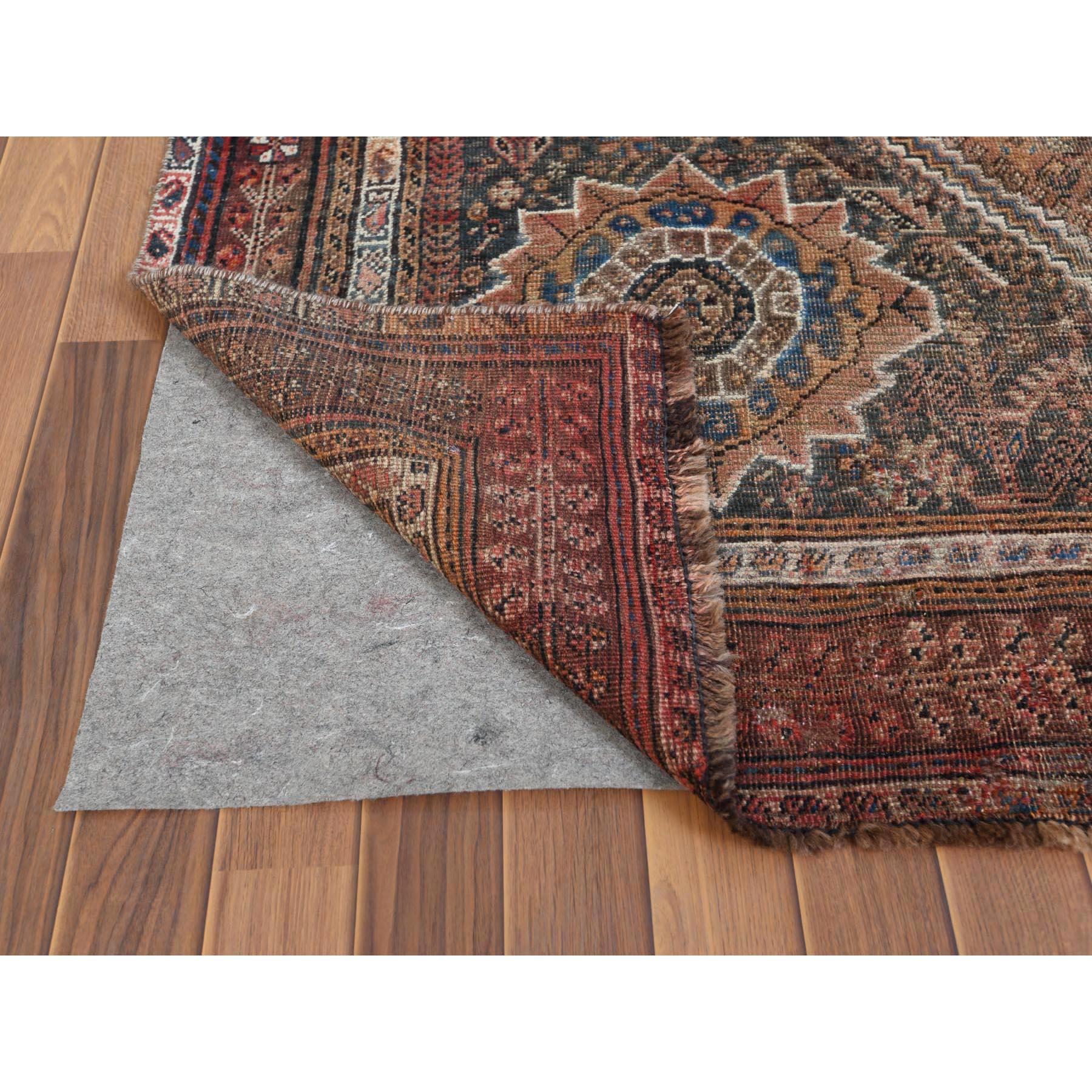 Hand-Knotted Semi Antique Persian Shiraz Rust Red Cropped Thin Bohemian Wool Handmade Rug
