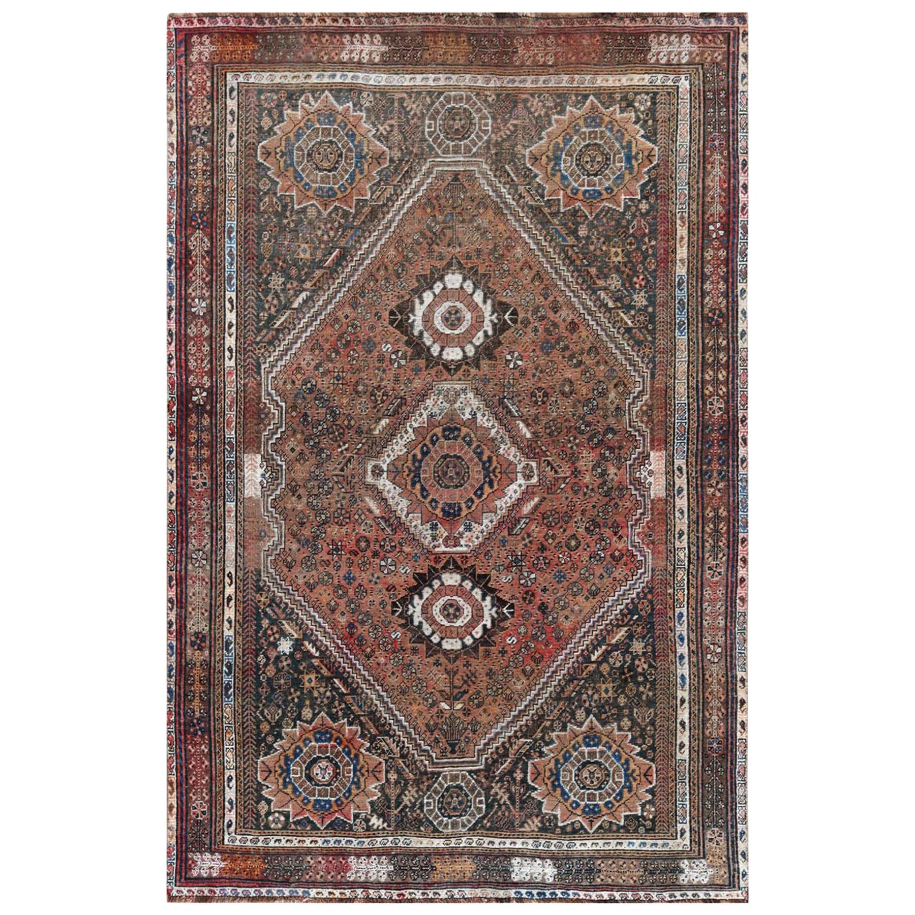 Semi Antique Persian Shiraz Rust Red Cropped Thin Bohemian Wool Handmade Rug