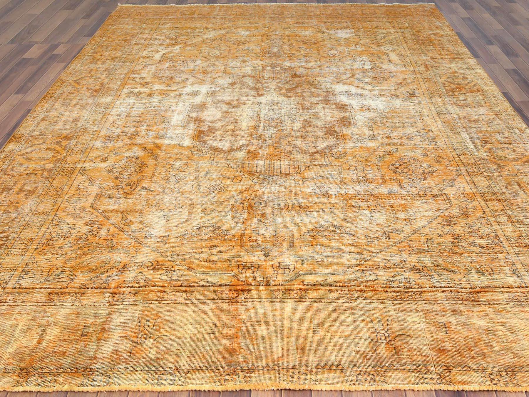 Hand-Knotted Semi Antique Persian Tabriz Overdyed Orange Sheared Low Wool Hand Knotted Rug