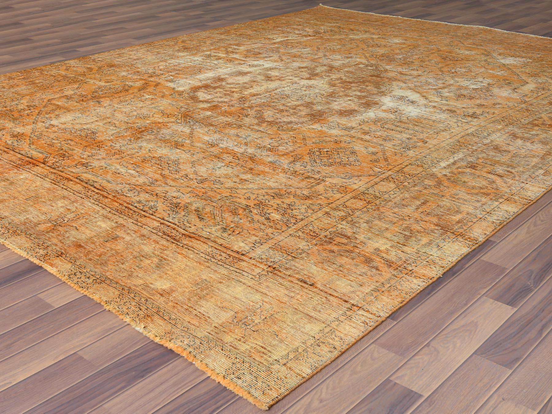 Semi Antique Persian Tabriz Overdyed Orange Sheared Low Wool Hand Knotted Rug In Good Condition In Carlstadt, NJ