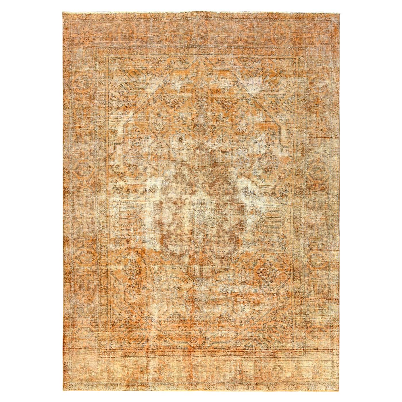Semi Antique Persian Tabriz Overdyed Orange Sheared Low Wool Hand Knotted Rug