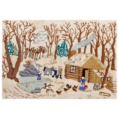 Semi-Antique Pictorial Carpet with Cabin in Snow 2'3" x 4'7" American Hooked Rug