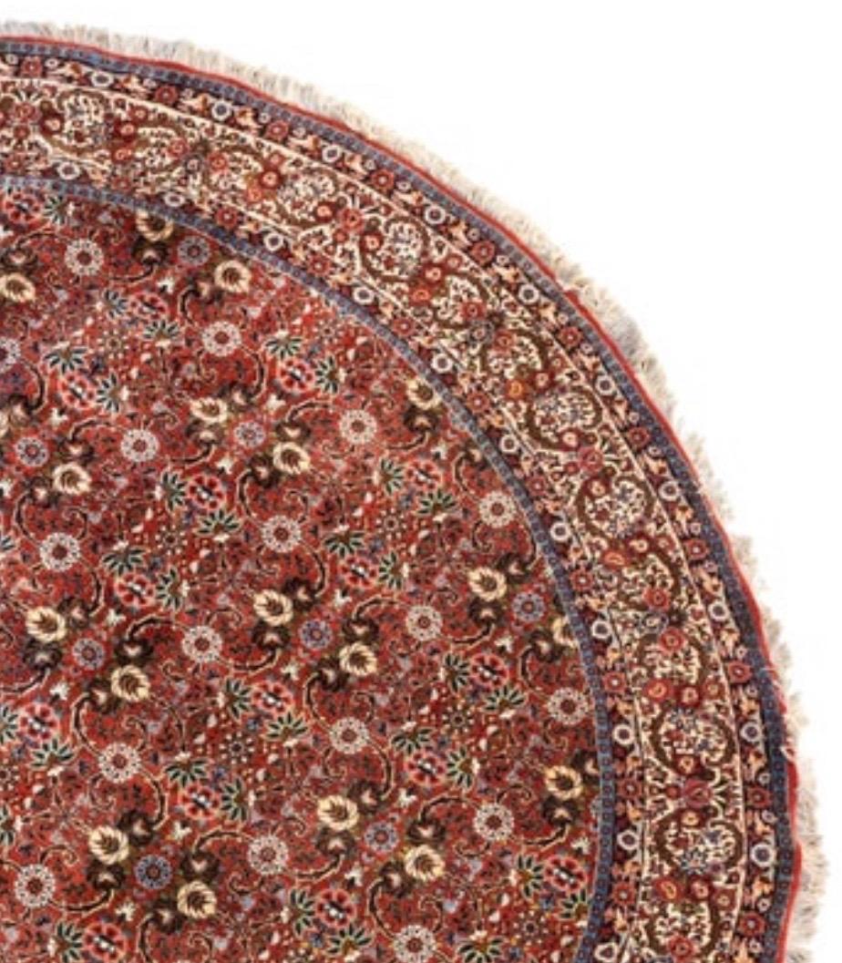 Hand-Knotted Semi Antique Round Circular Red Brown Navy Blue Ivory Floral Persian Bidjar Rug For Sale