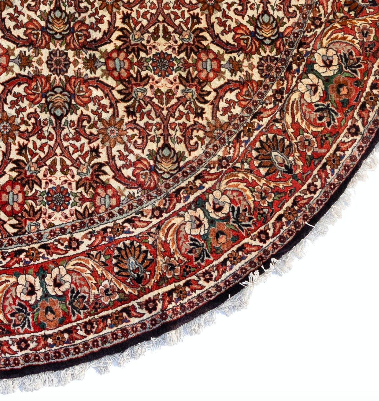 Hand-Knotted Semi Antique Round Circular Red Brown Navy Blue Ivory Floral Persian Bijar Rug For Sale