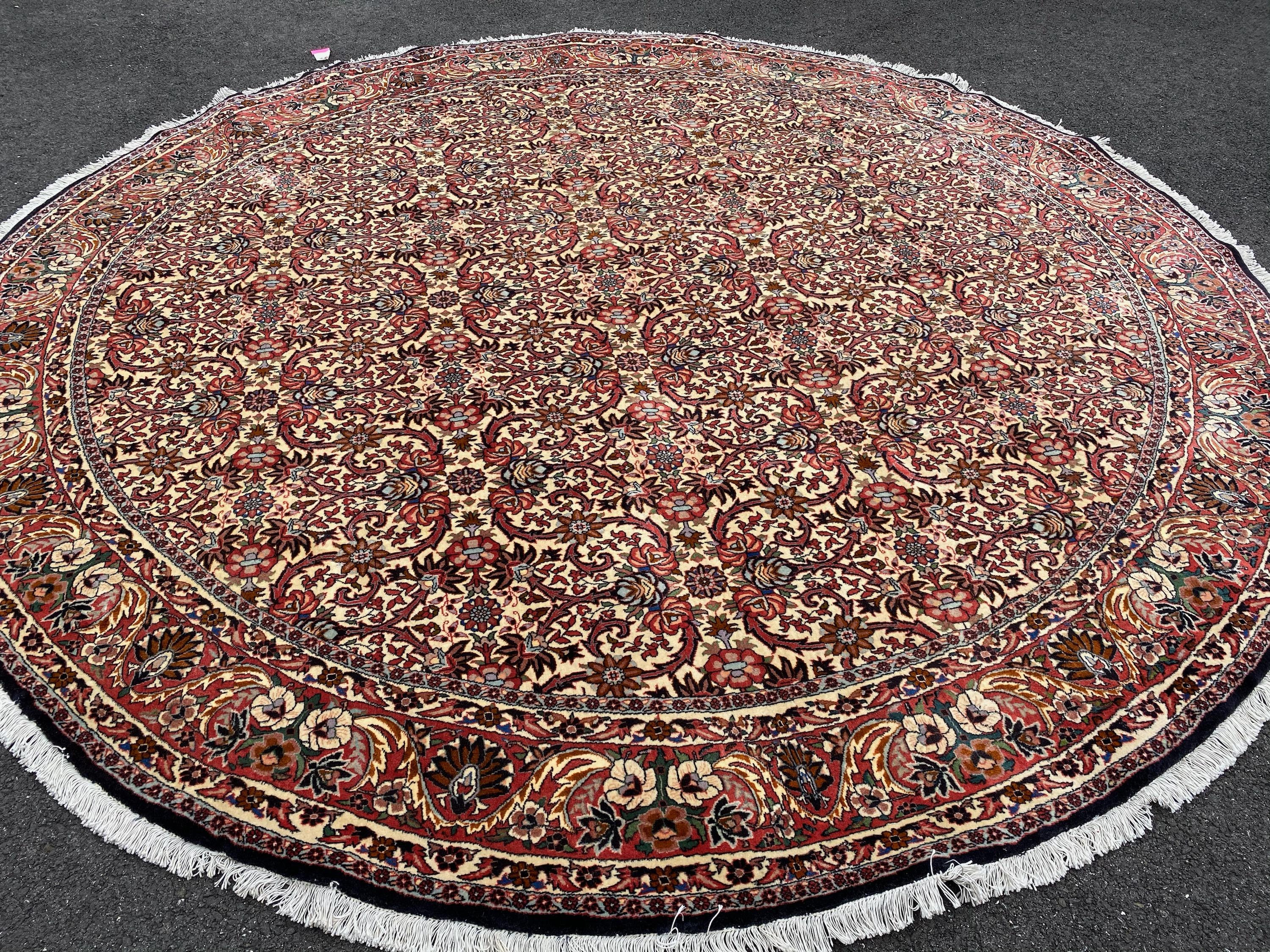 Late 20th Century Semi Antique Round Circular Red Brown Navy Blue Ivory Floral Persian Bijar Rug For Sale