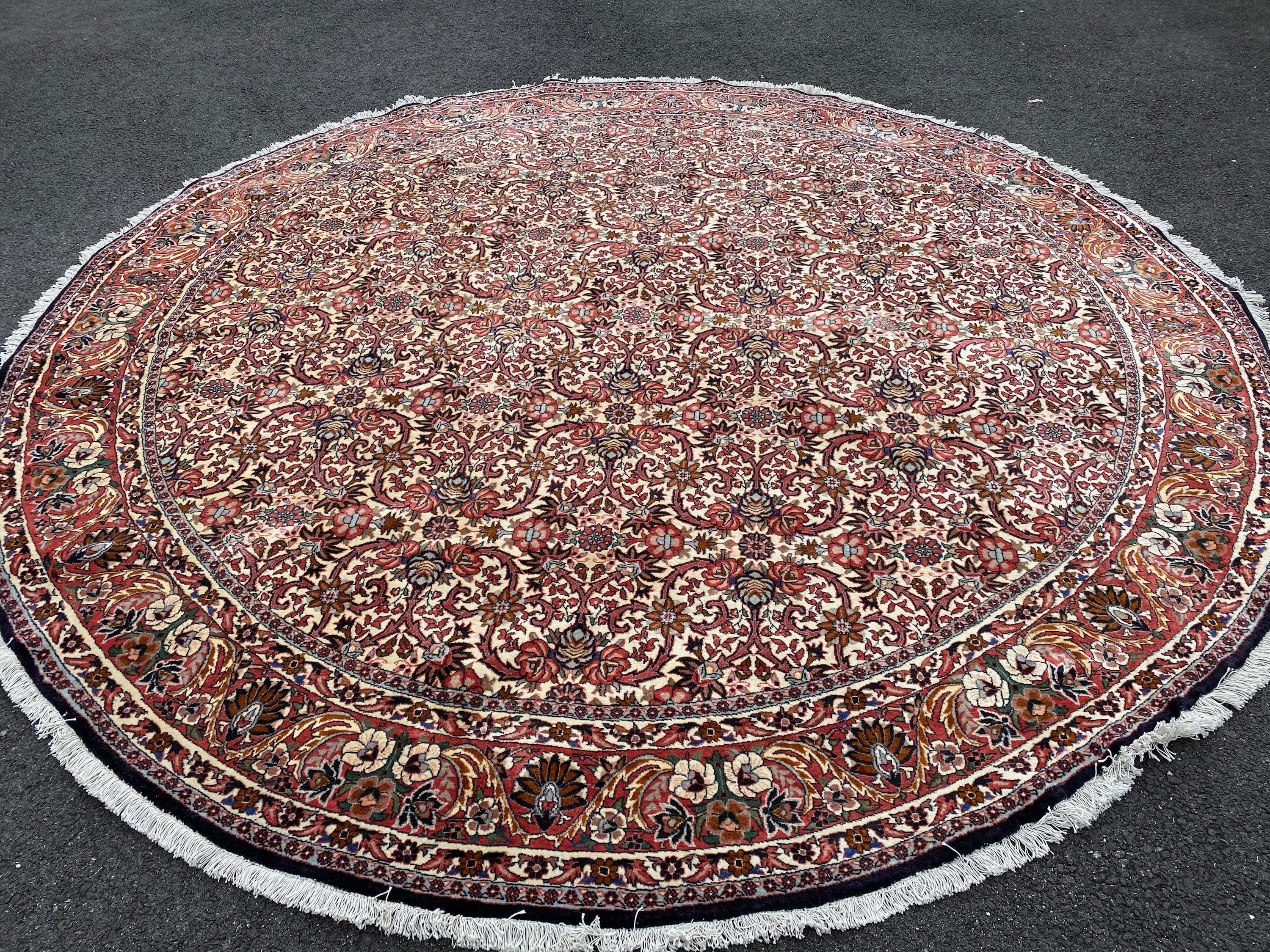 Wool Semi Antique Round Circular Red Brown Navy Blue Ivory Floral Persian Bijar Rug For Sale