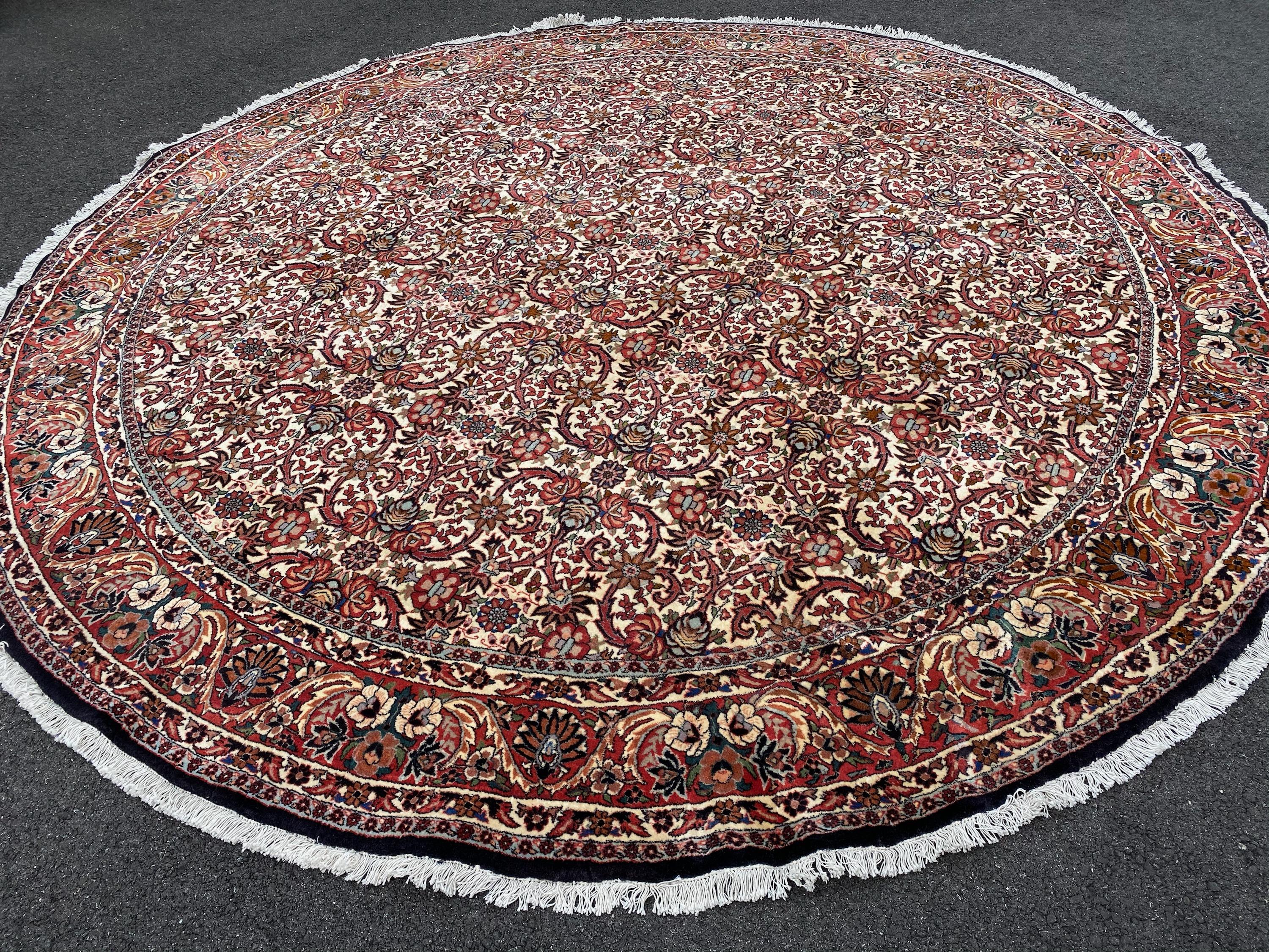 Semi Antique Round Circular Red Brown Navy Blue Ivory Floral Persian Bijar Rug For Sale 1