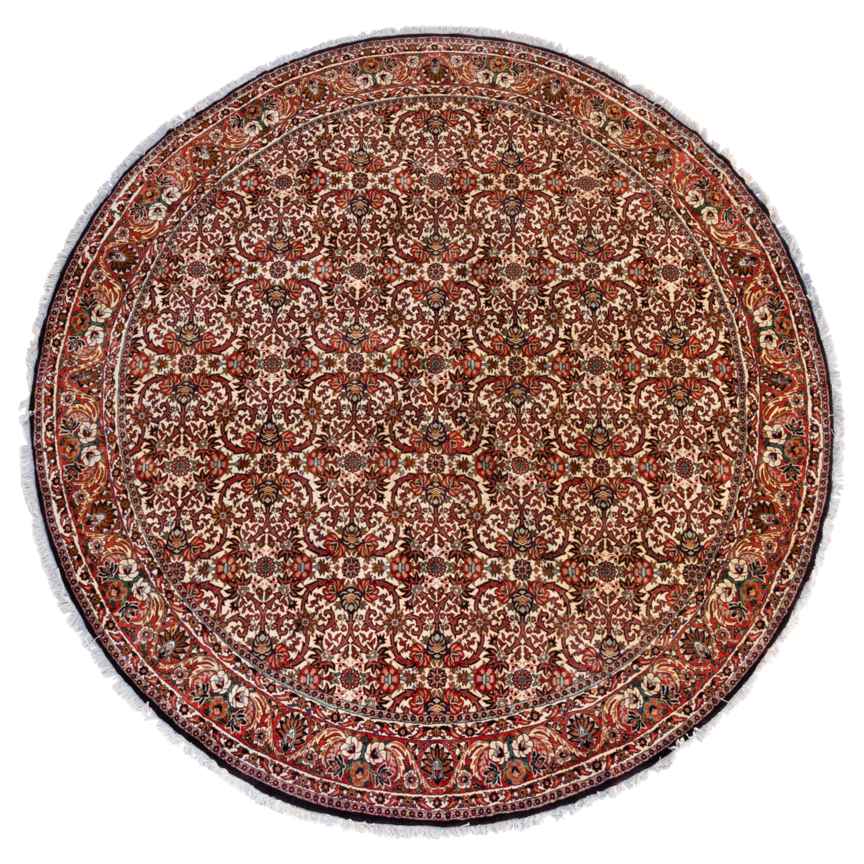 Semi Antique Round Circular Red Brown Navy Blue Ivory Floral Persian Bijar Rug For Sale