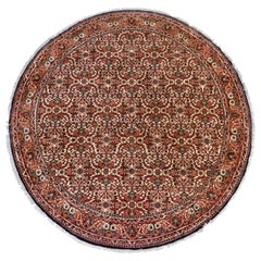 Semi Antique Round Circular Red Brown Navy Blue Ivory Floral Persian Bijar Rug