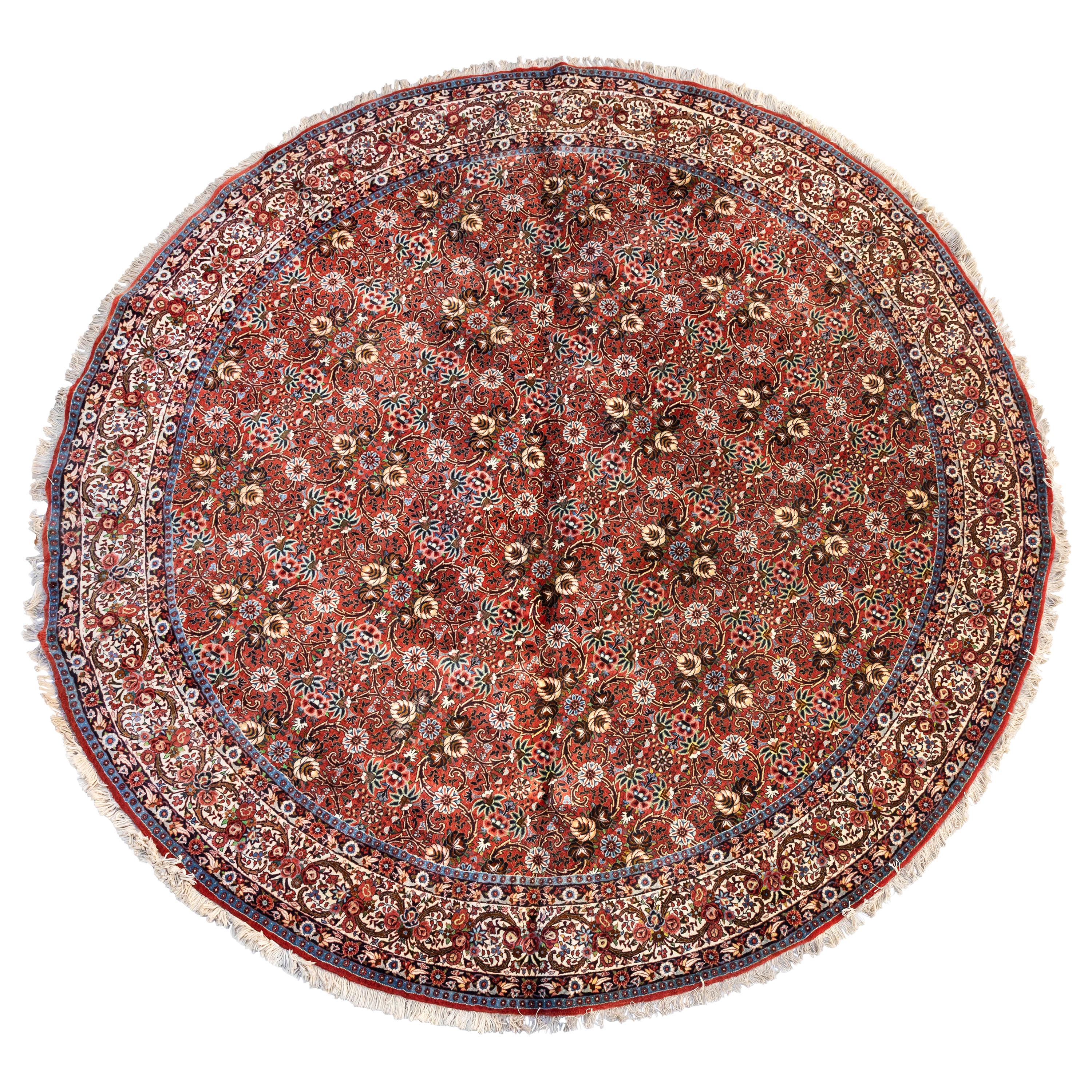 Semi Antique Round Circular Red Brown Navy Blue Ivory Floral Persian Bidjar Rug For Sale